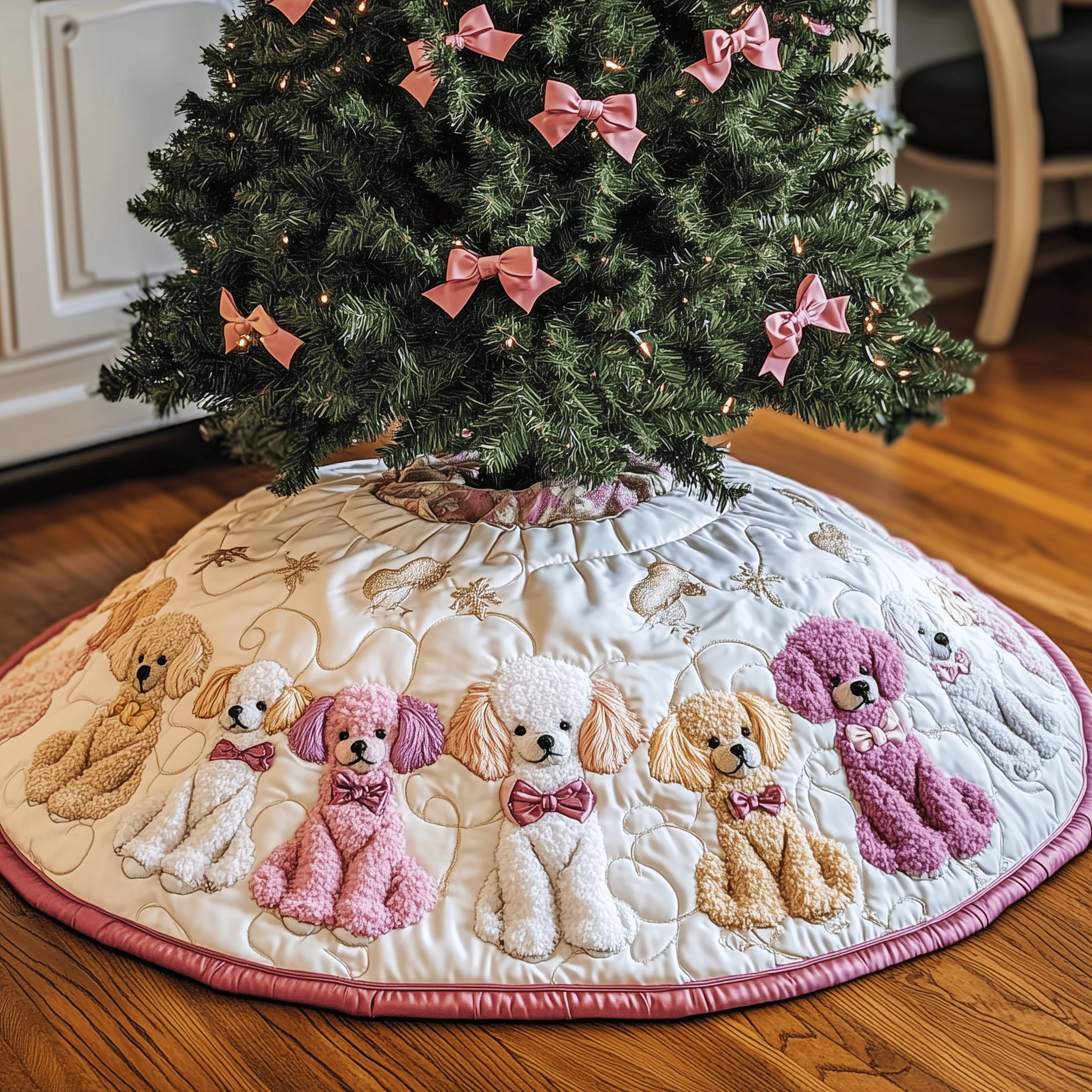 Christmas Poodle Quilted Tree Skirt Lovely Gift Merch For Couples
