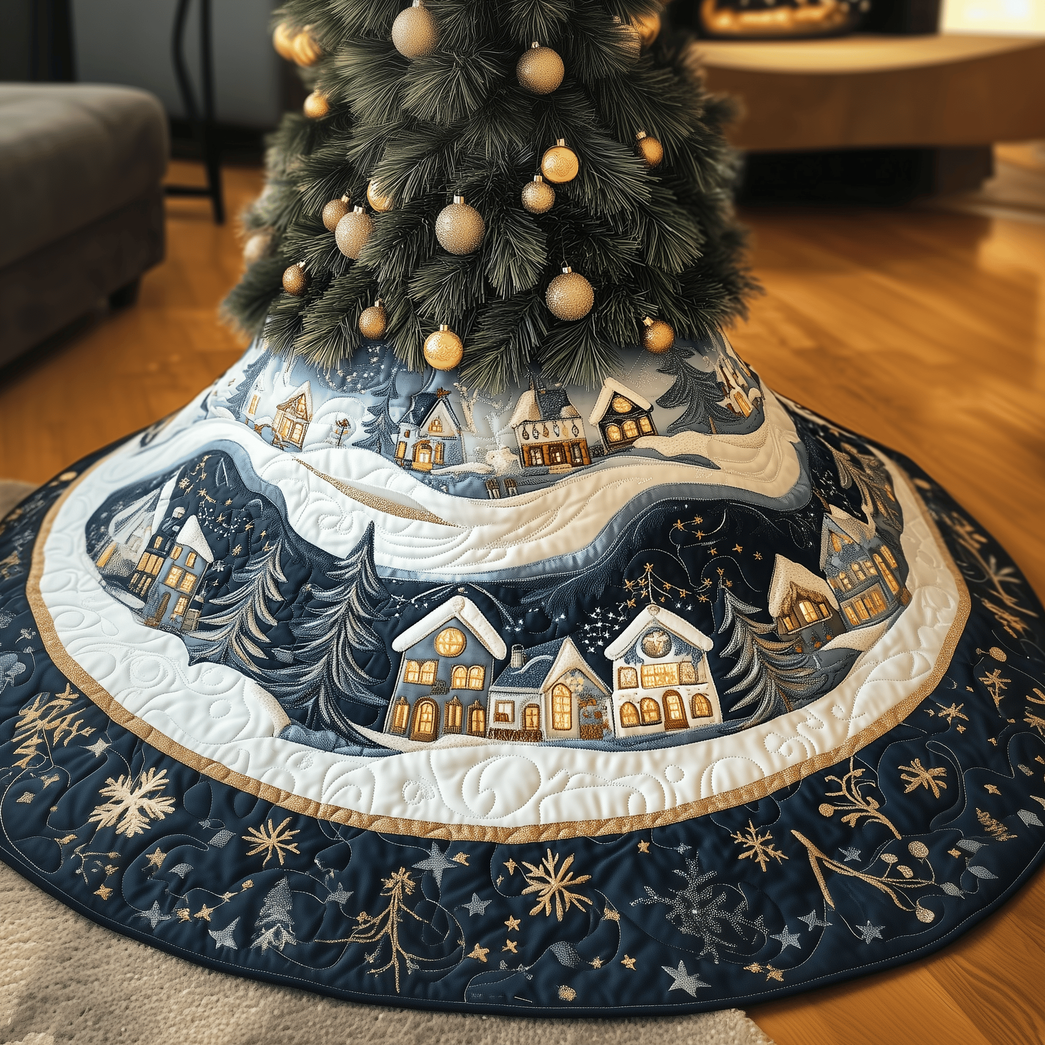 Christmas Village Quilted Tree Skirt Stylish Holiday Decor Gift Merch