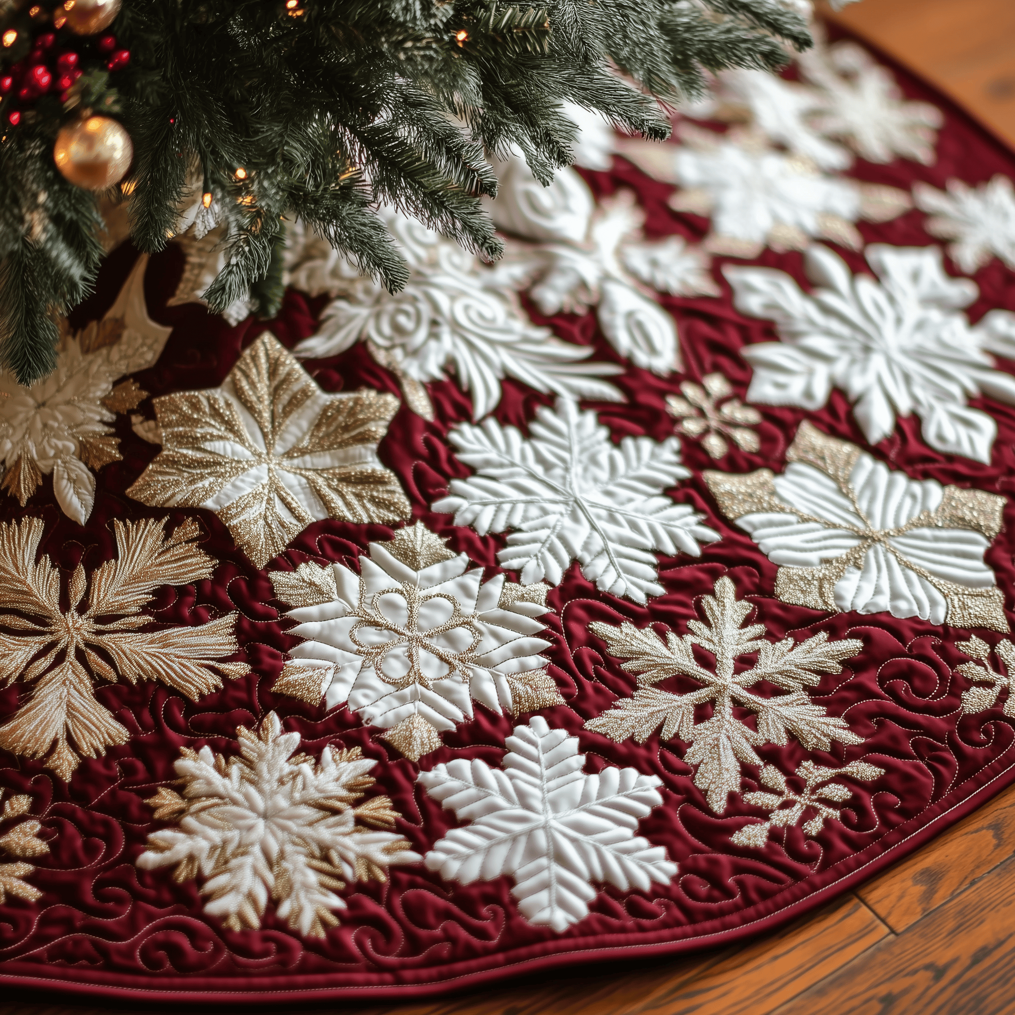 Christmas Snowflakes Quilted Tree Skirt Adorable Easter Gift Merch