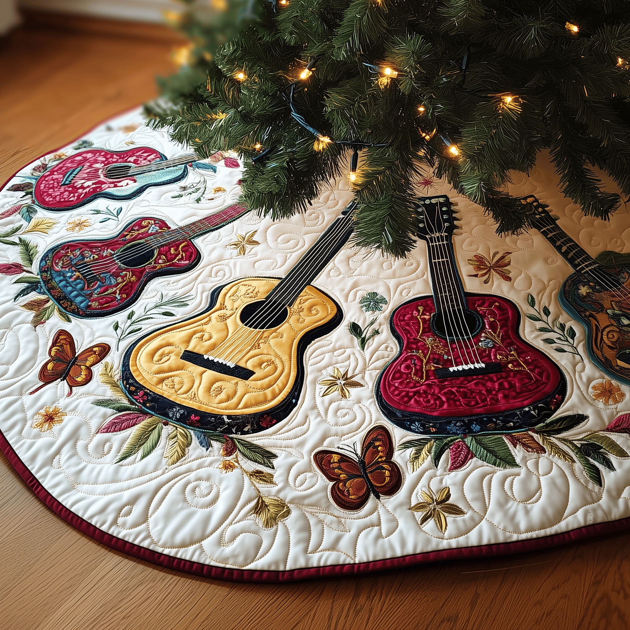 Festive Acoustic Guitars Quilted Tree Skirt Joyful Holiday Season Gift Merch