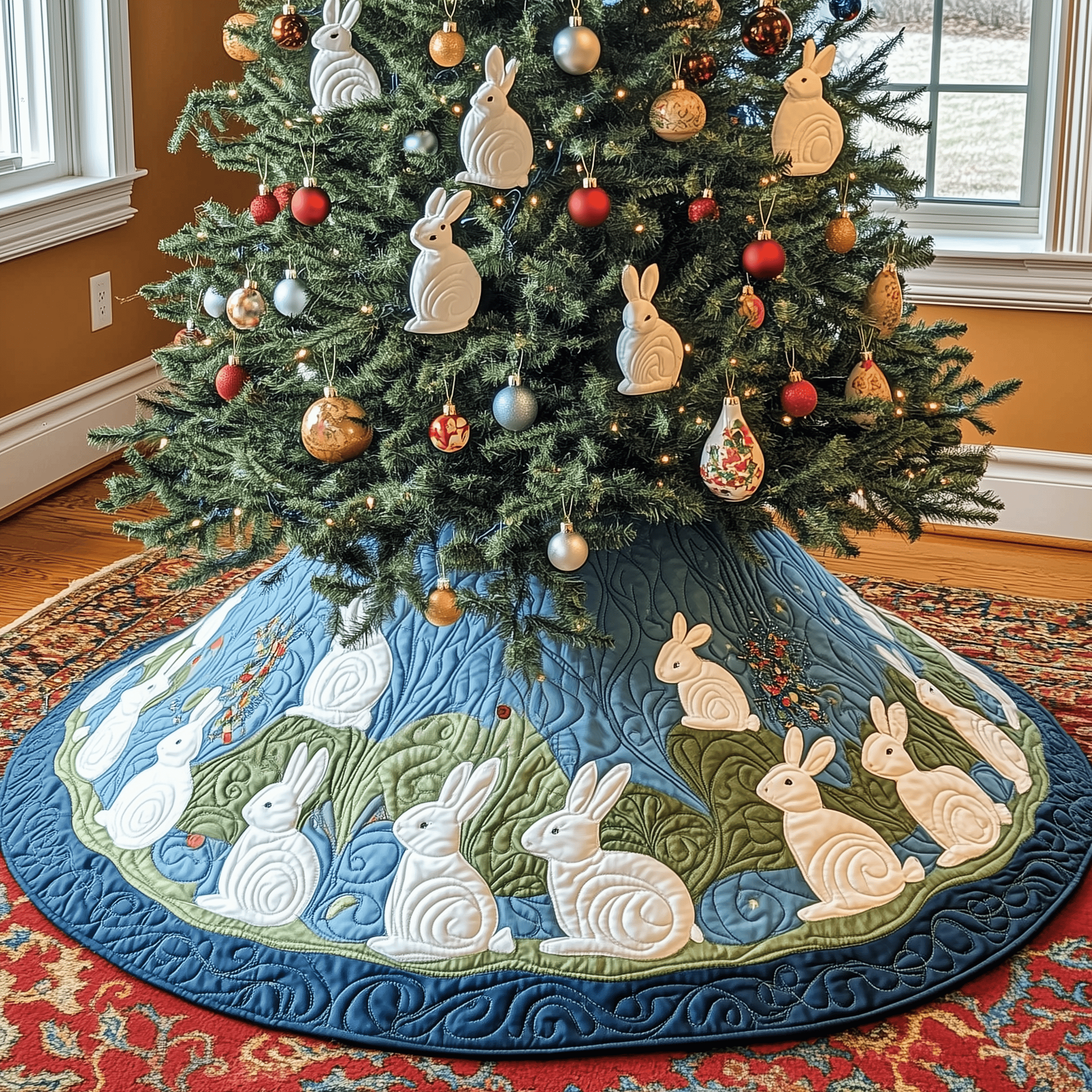 Christmas Rabbit Quilted Tree Skirt Warm Winter Home Merch