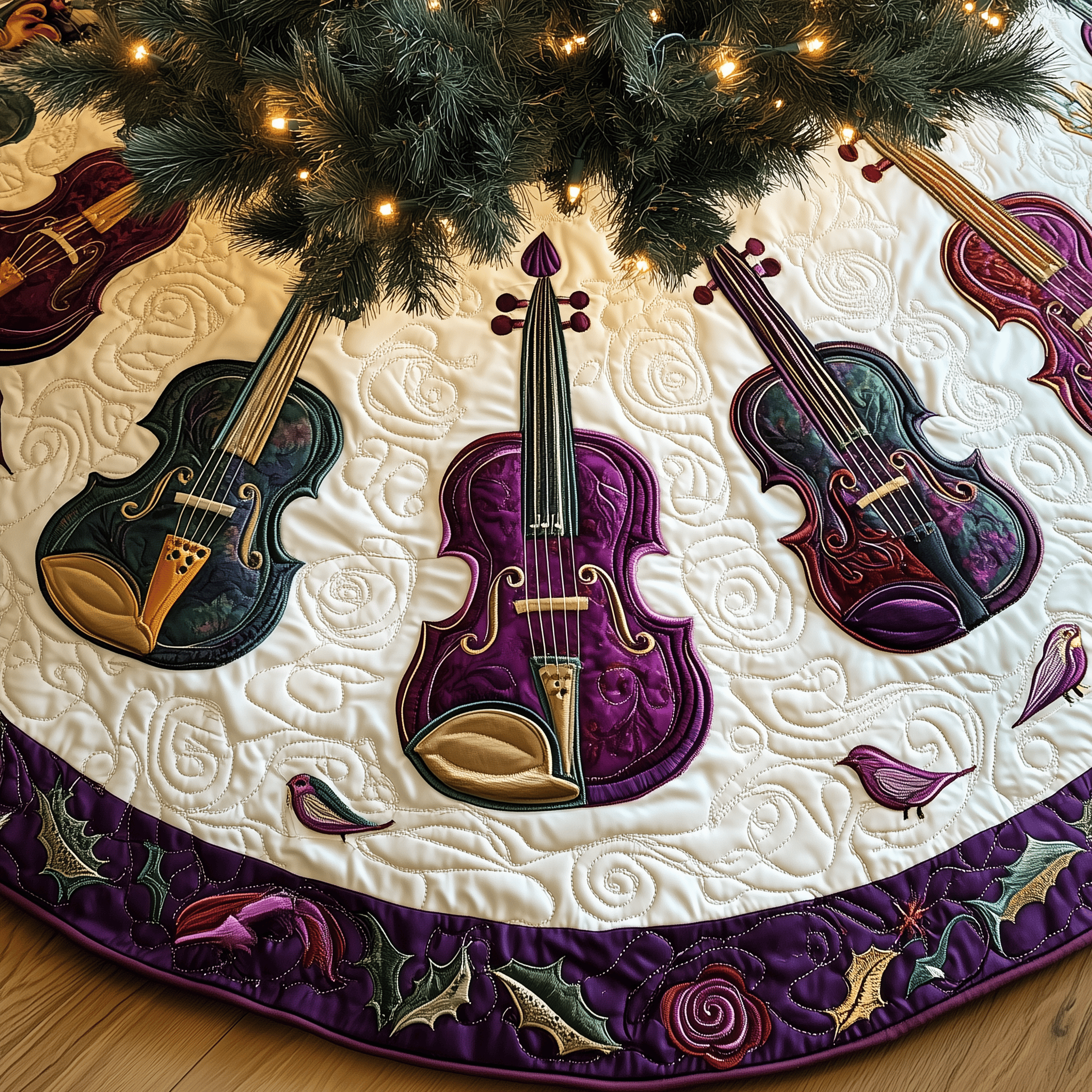 Festive Purple Violins Quilted Tree Skirt Festive Living Room Merch