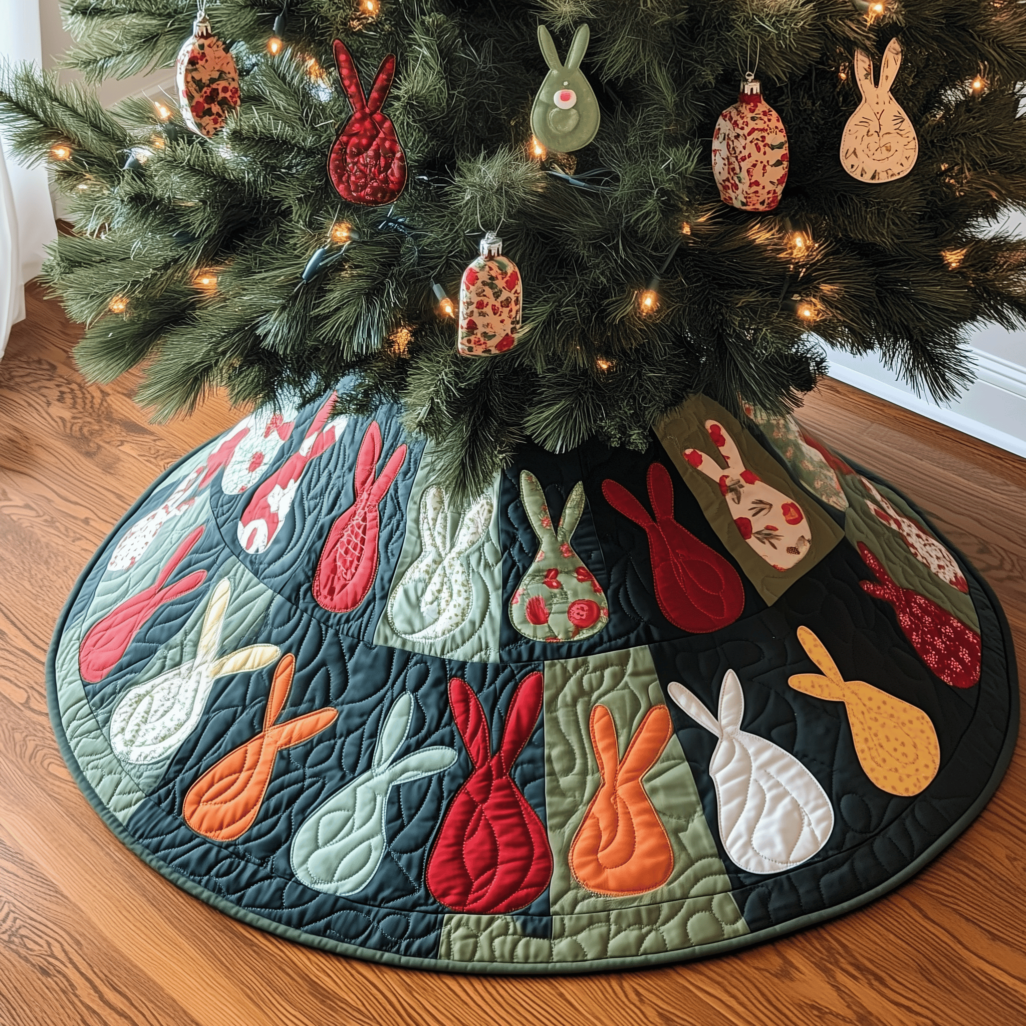 Christmas Rabbit Quilted Tree Skirt Festive Living Room Merch