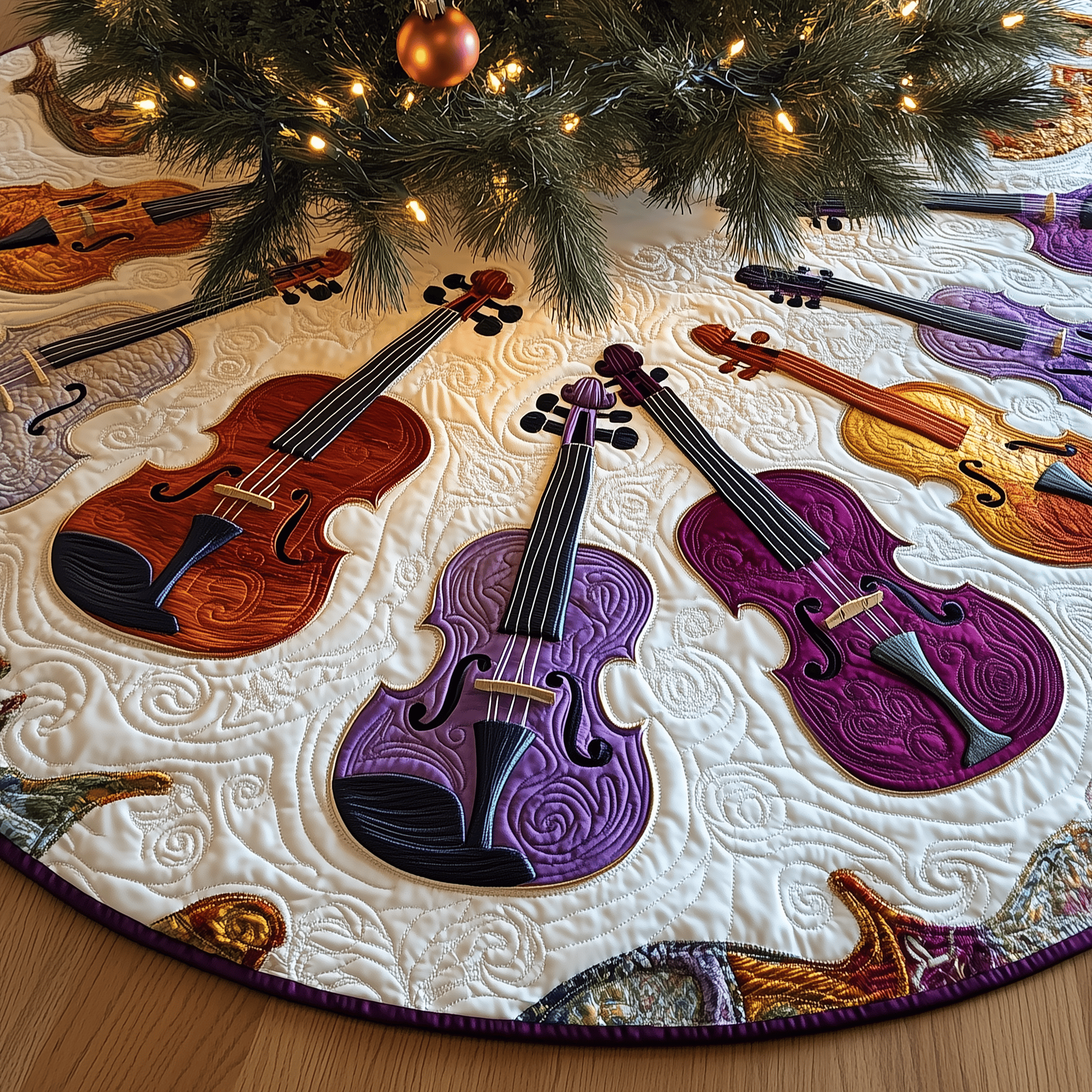Festive Purple Violins Quilted Tree Skirt Beautiful Christmas Home Merch