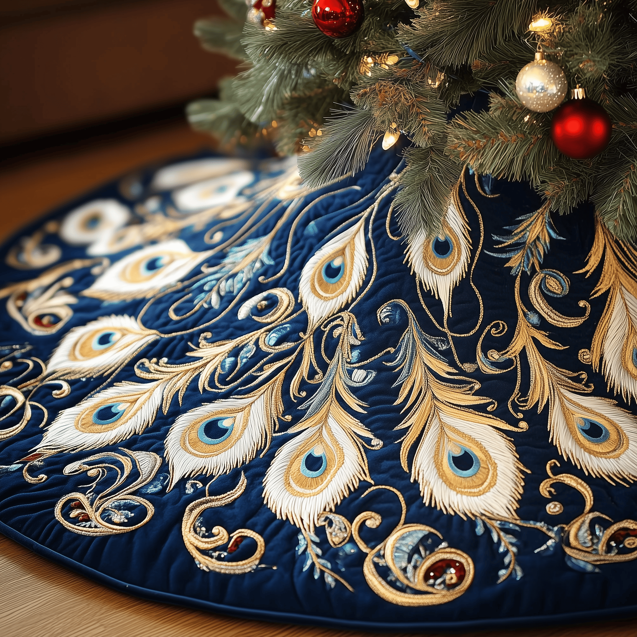 Shimmering Peacock Quilted Tree Skirt Elegant Christmas Tree Decor Merch