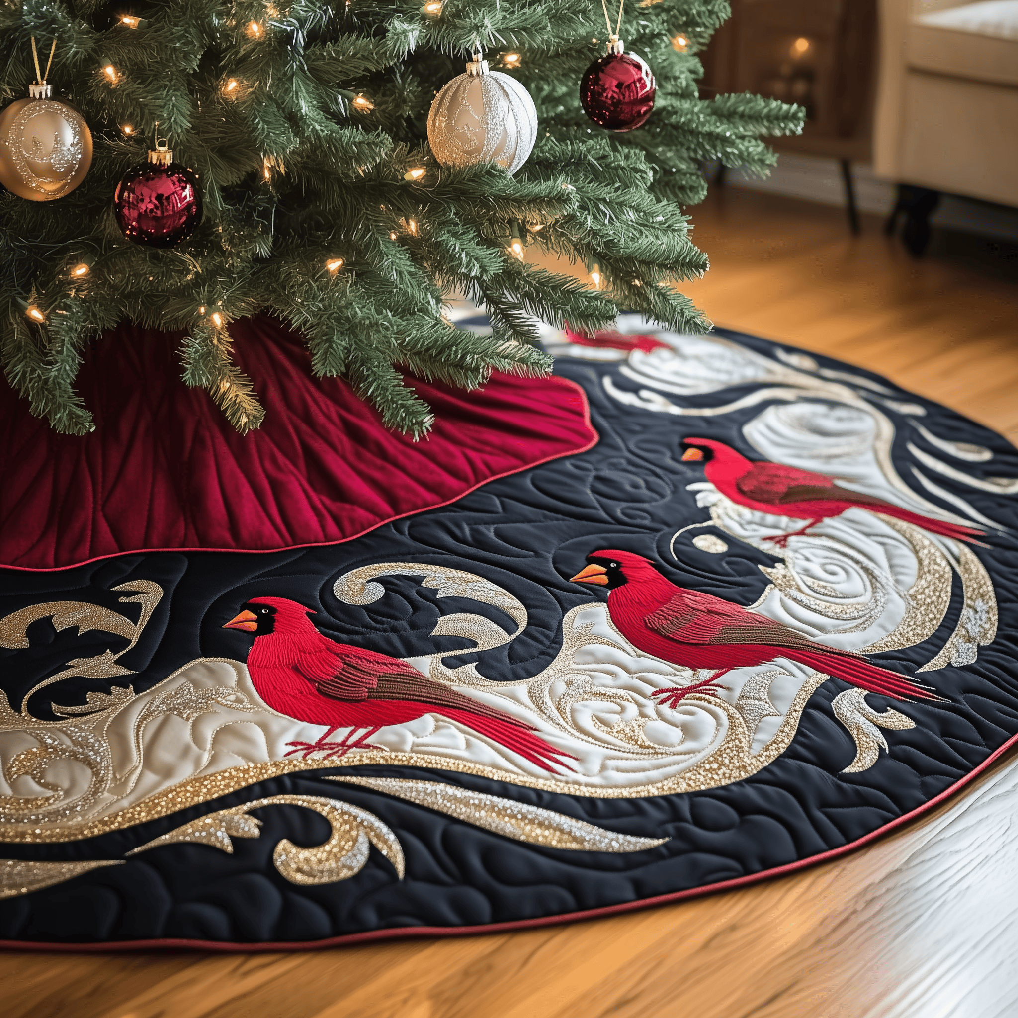 Red Cardinal Quilted Tree Skirt Thoughtful Gift Merch For Dad