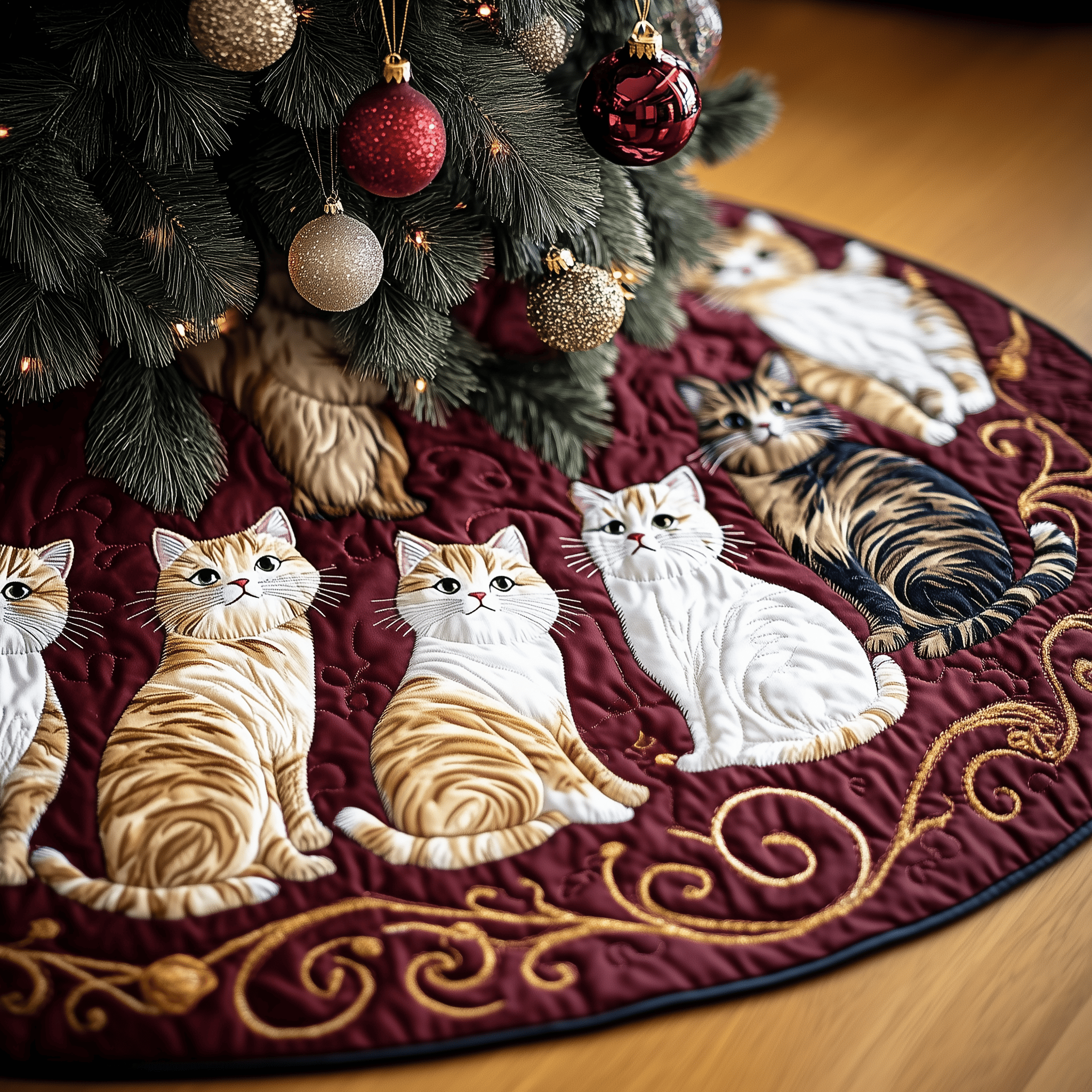 Joyful Cat Quilted Tree Skirt Heartwarming Family Gathering Merch