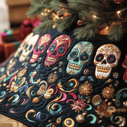 Festive Skull Quilted Tree Skirt Elegant Christmas Tree Decor Merch