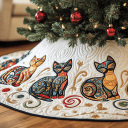 Festive Folk Art Cat Quilted Tree Skirt Cozy Home Decor Gift Merch