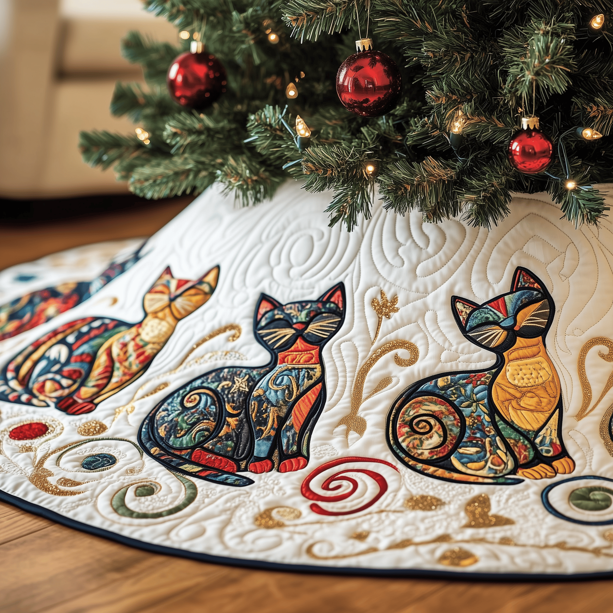 Festive Folk Art Cat Quilted Tree Skirt Cozy Home Decor Gift Merch
