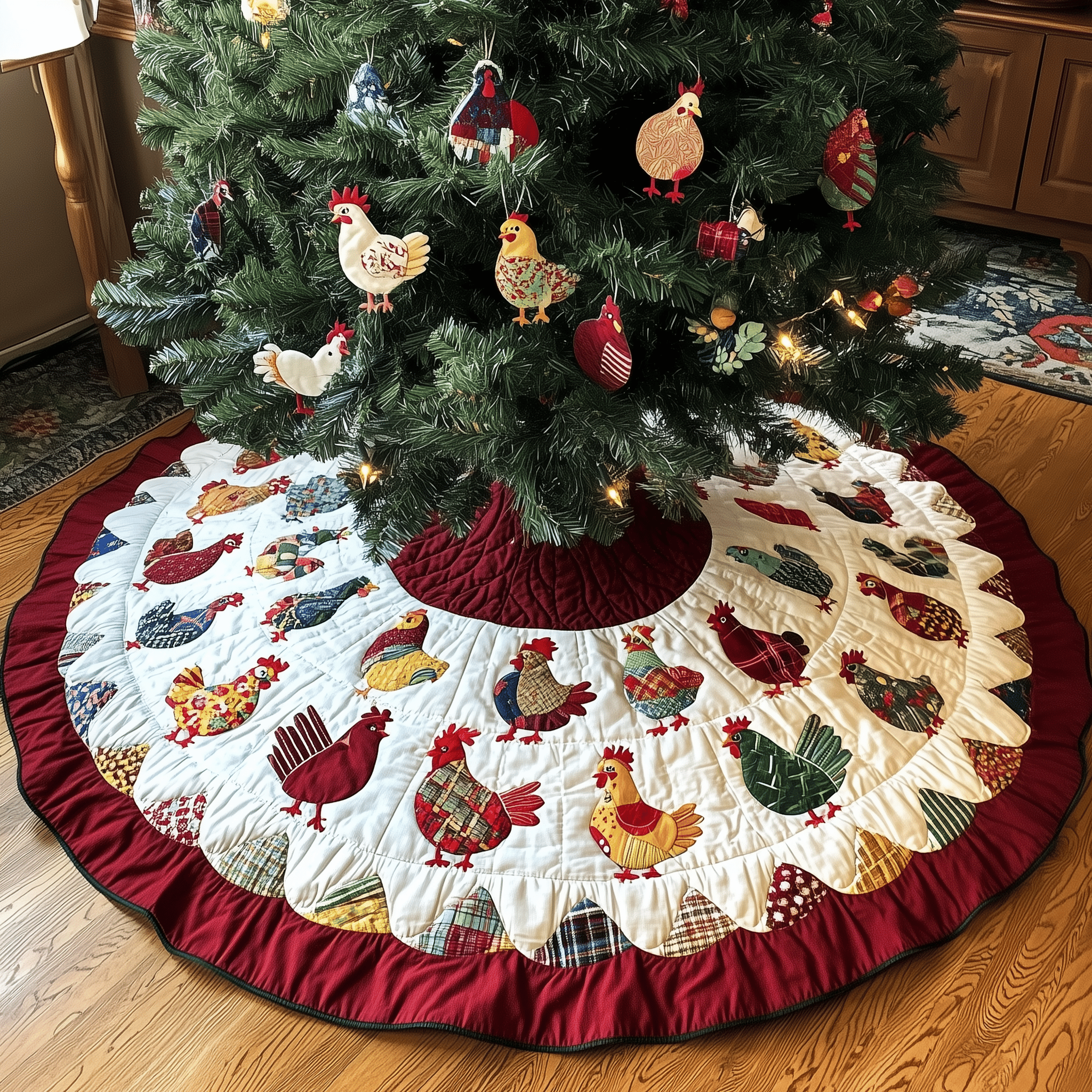 Festive Chicken Christmas Quilted Tree Skirt Best Gift Merch For Him