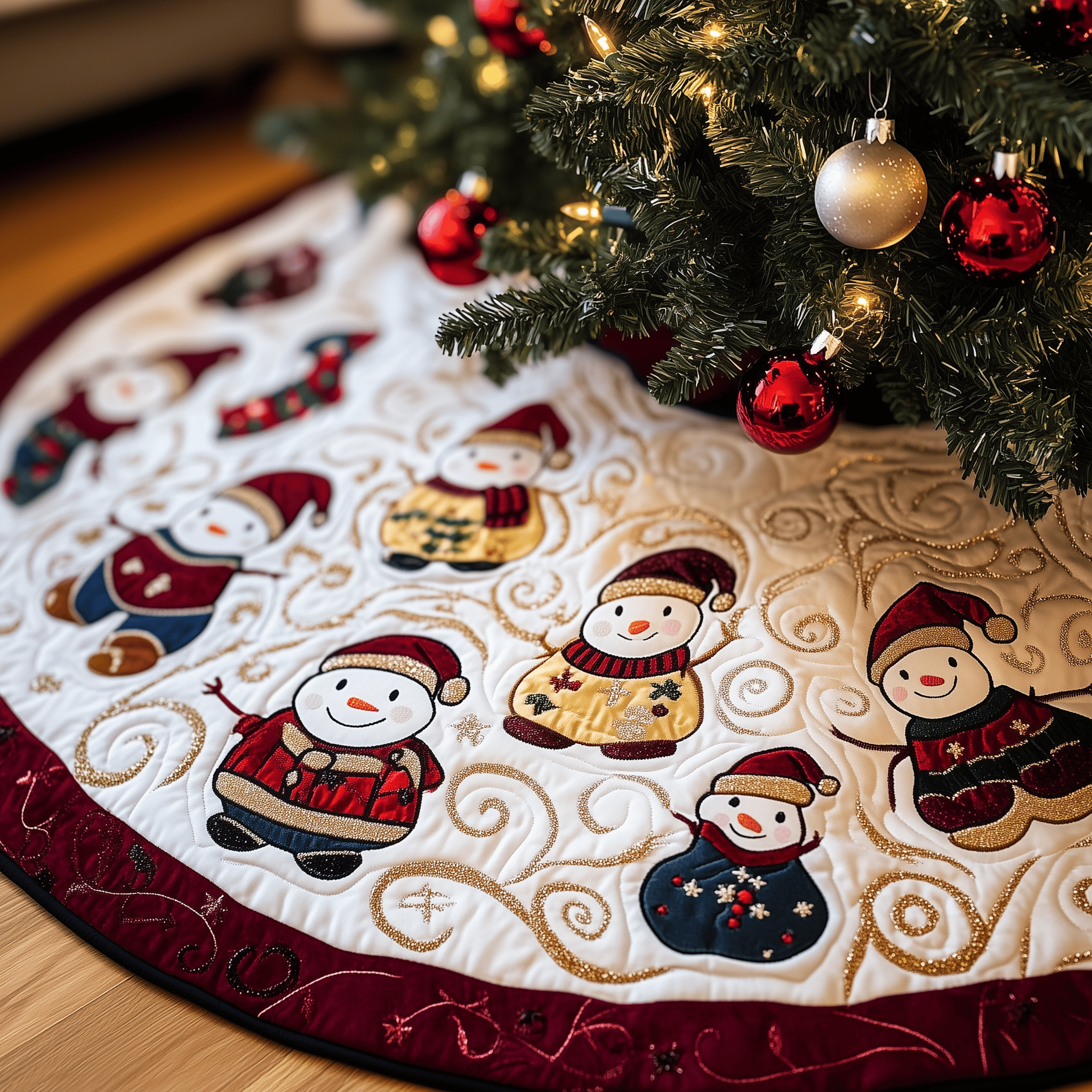 Jolly Snowman Quilted Tree Skirt Holiday Gift Merch