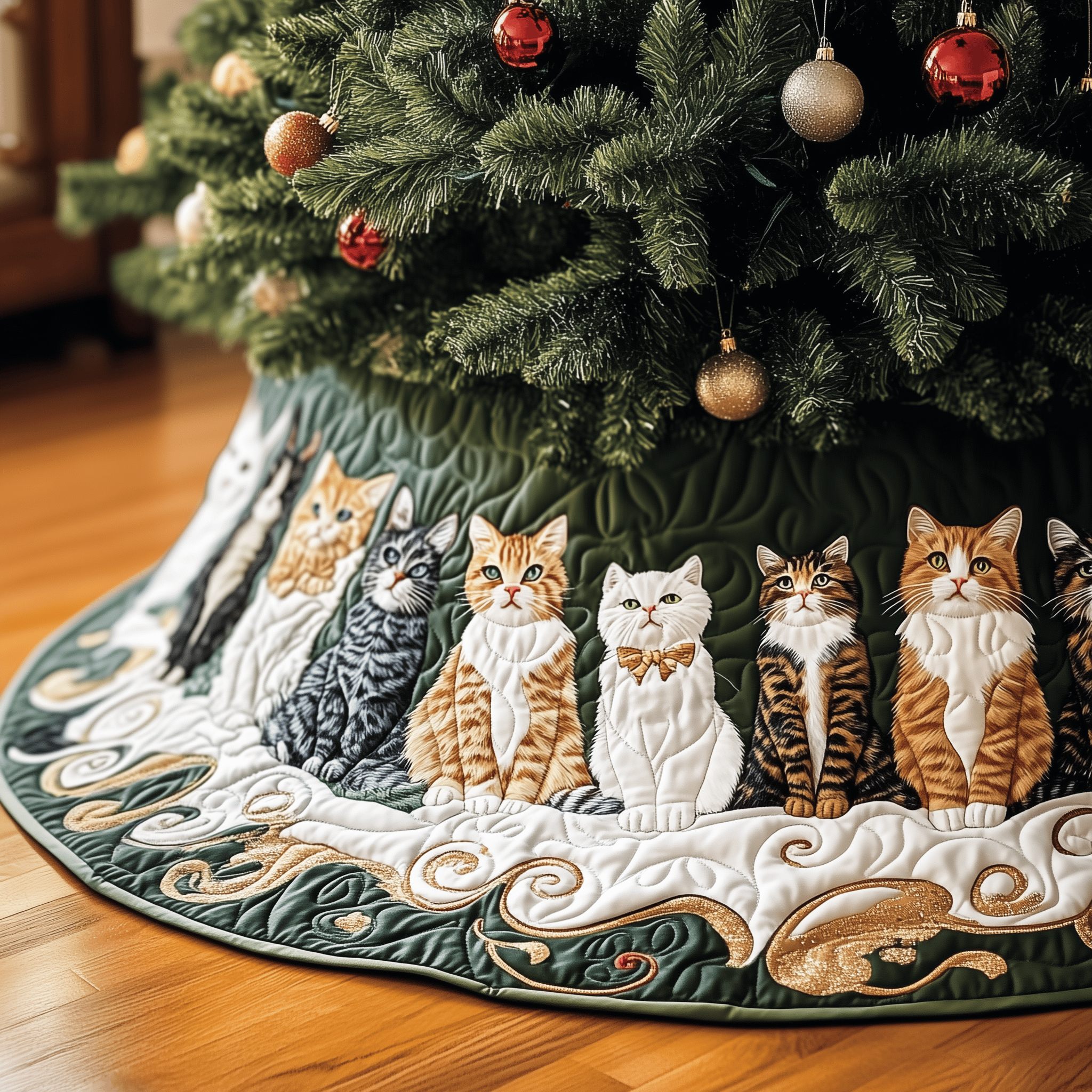 Joyful Cat Quilted Tree Skirt Beautiful Christmas Tree Skirt Merch