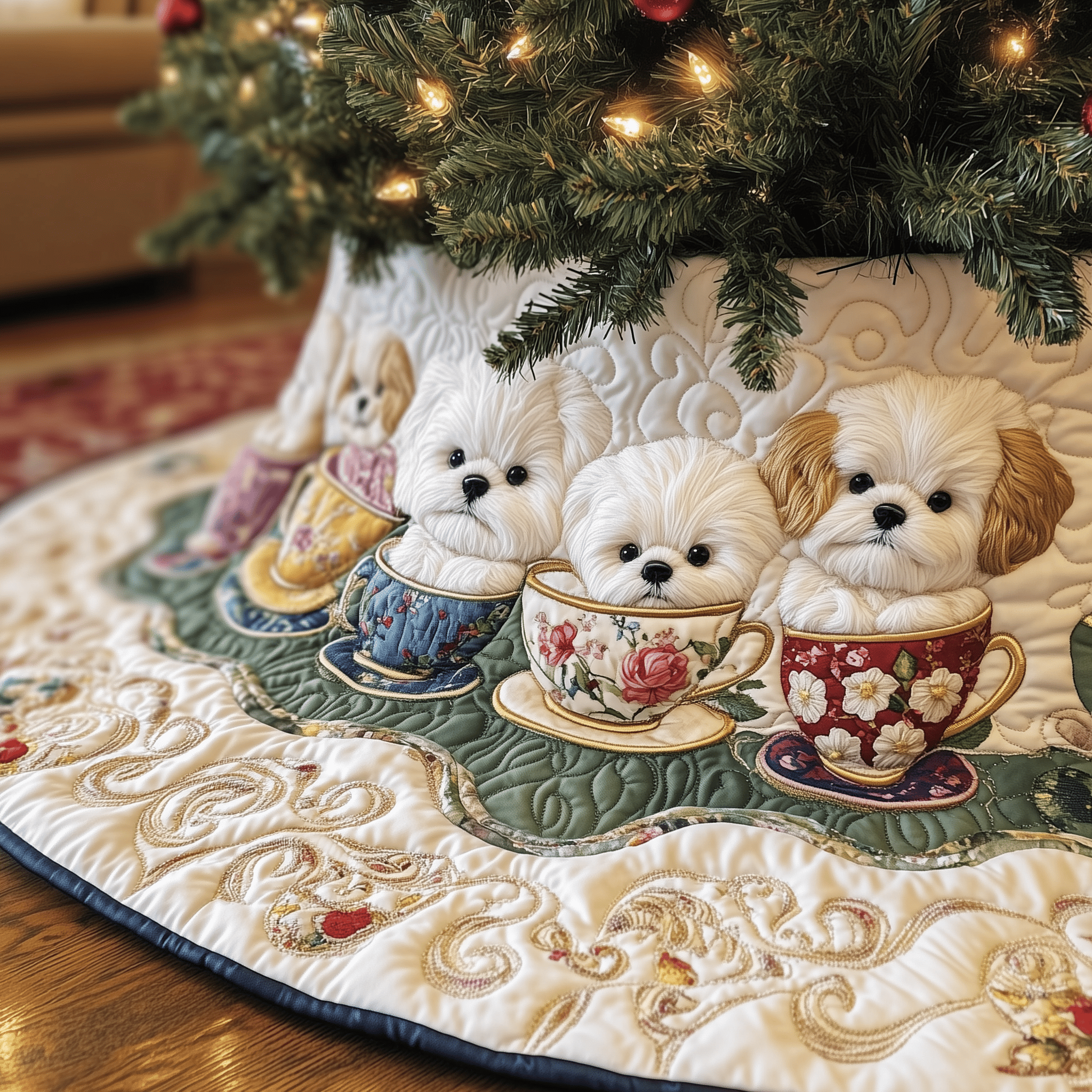 Vintage Bichon Frise In Teacup Quilted Tree Skirt Festive Tree Skirt Gift Choice