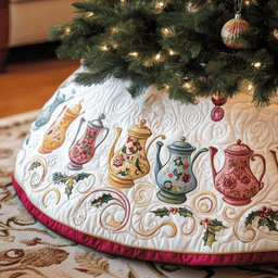 Festive Teapot Quilted Tree Skirt Holiday Gift Merch