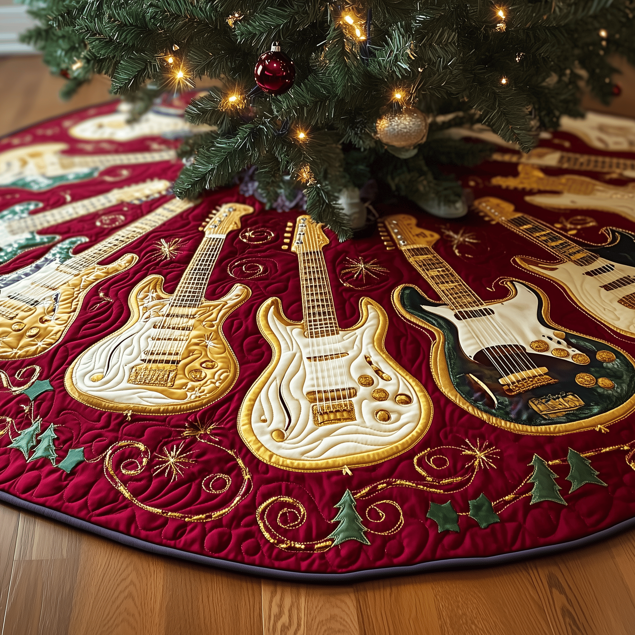 Festive Gold Guitar Quilted Tree Skirt Heartwarming Father�s Day Gift Merch