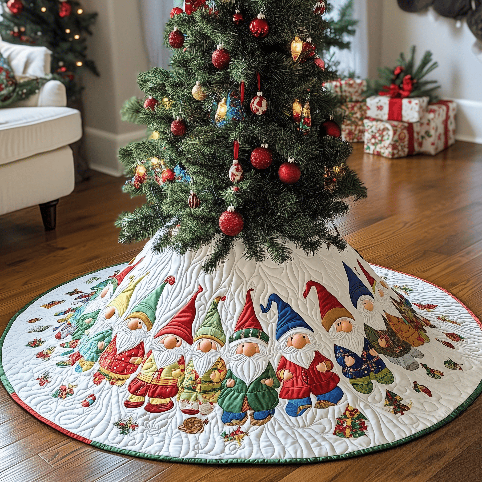 Winter Gnomes Quilted Tree Skirt Elegant Christmas Tree Decor Merch