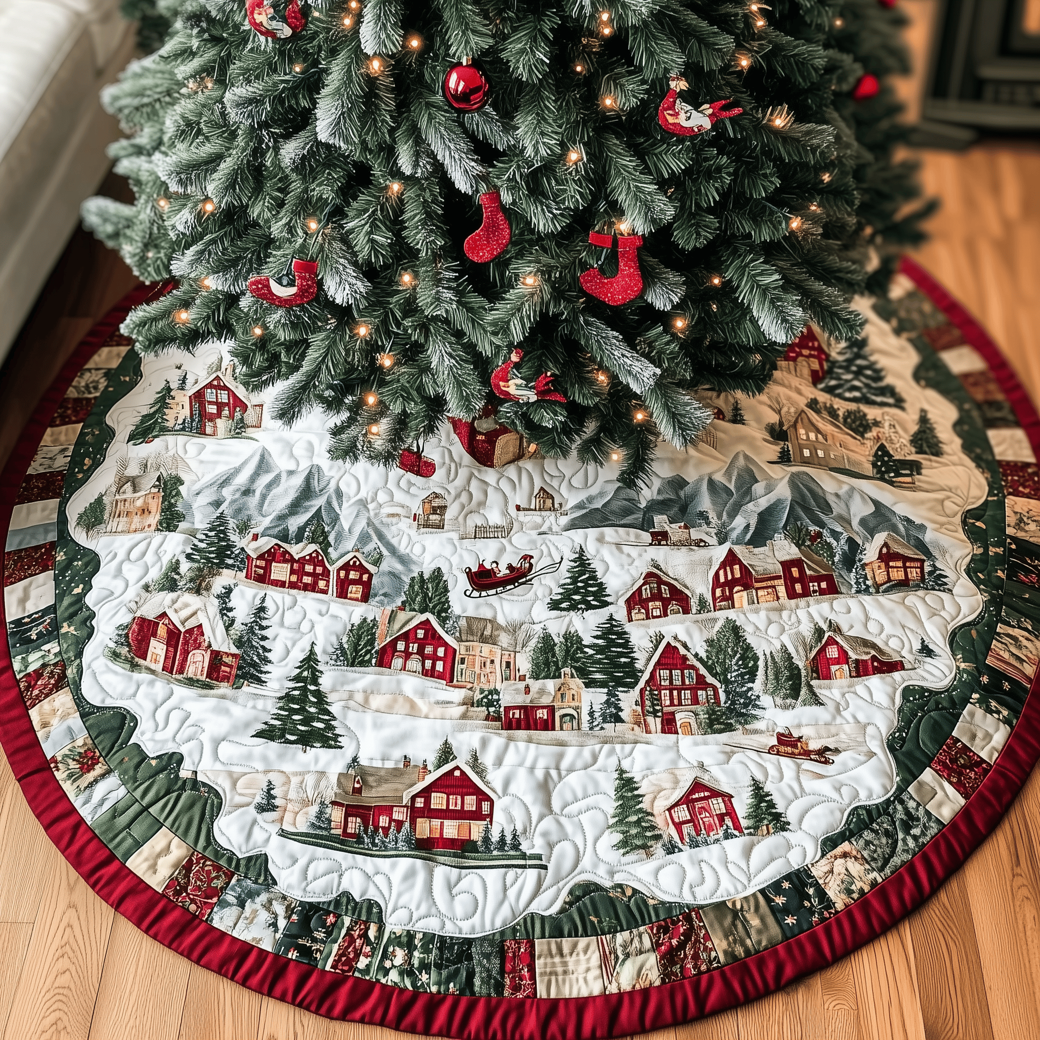 Snowy Village Quilted Tree Skirt Cozy Tree Skirt For Holiday Decor