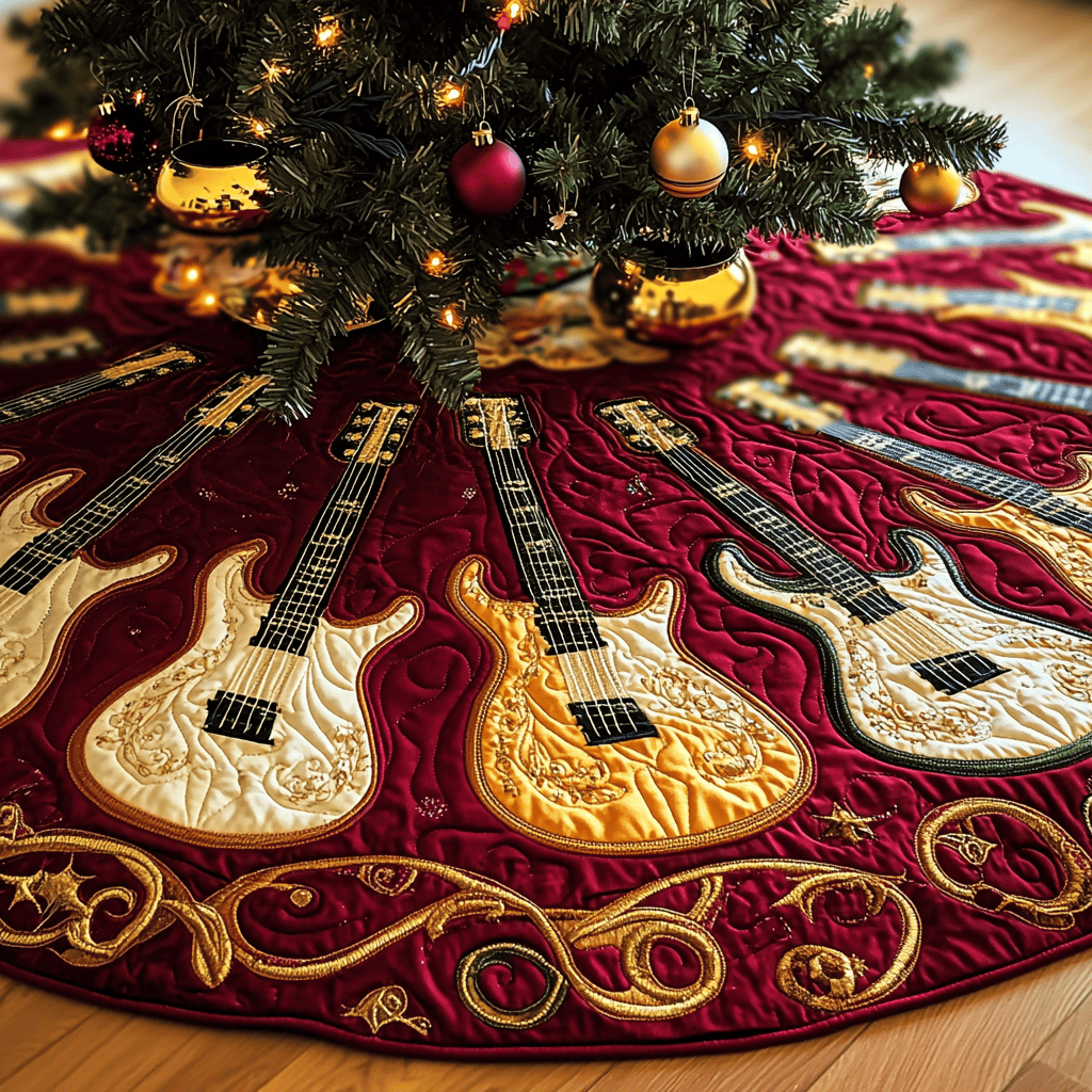Festive Gold Guitar Quilted Tree Skirt Best New Year Gift Merch