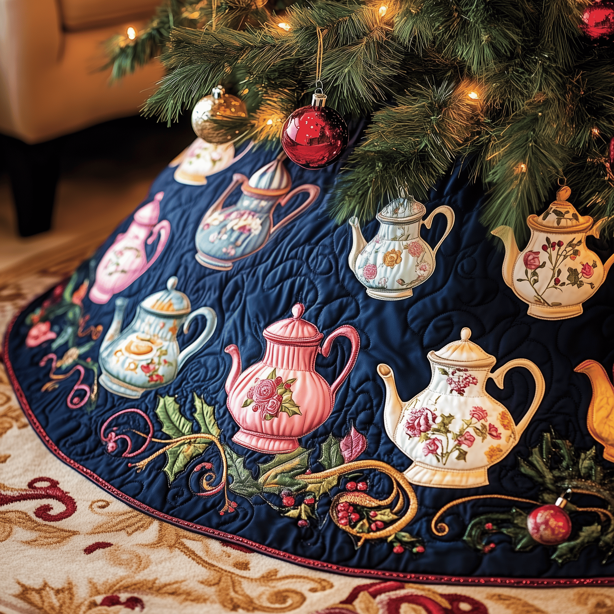 Festive Teapot Quilted Tree Skirt Lovely Mother�s Day Gift Merch