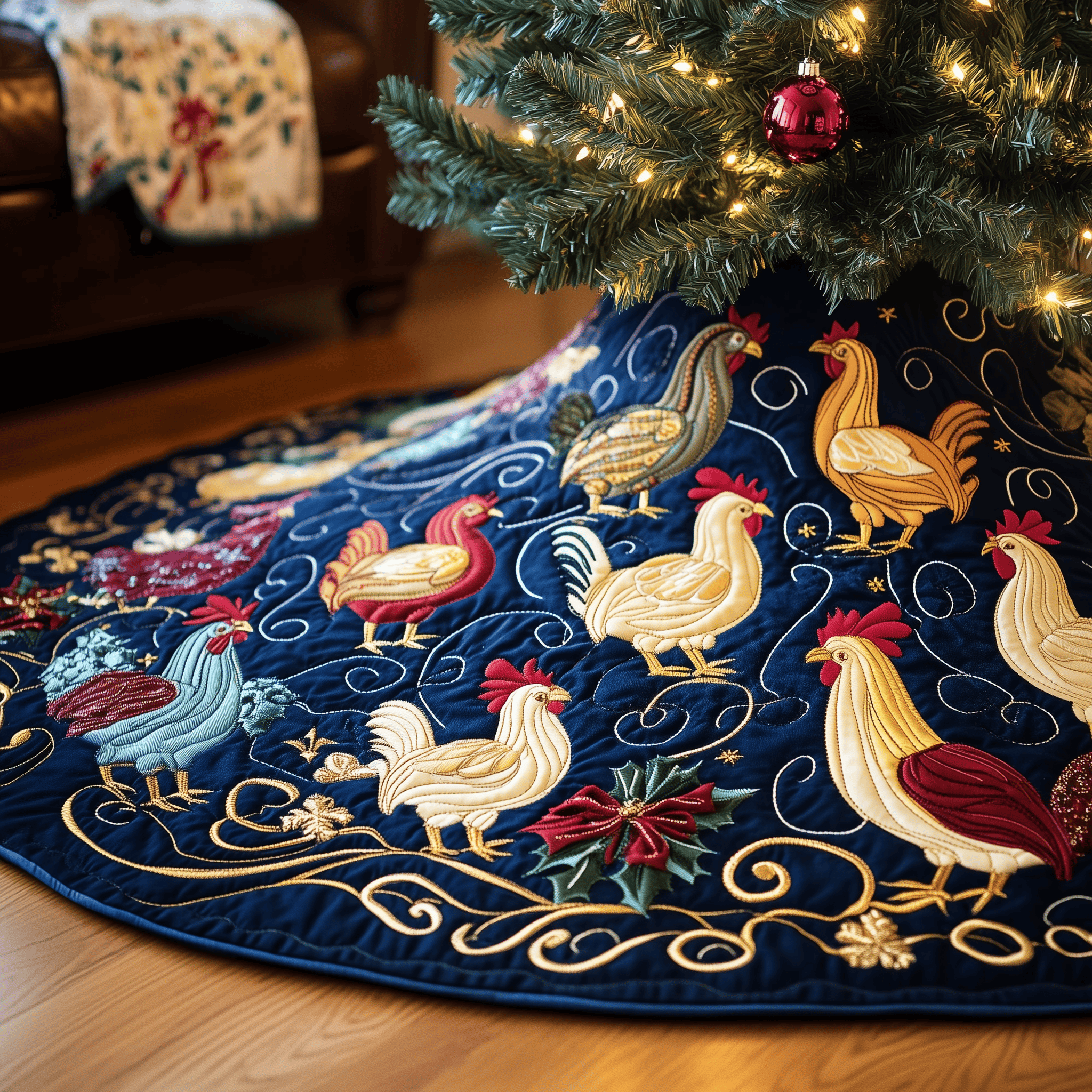 Festive Chicken Quilted Tree Skirt Charming Holiday Home Merch