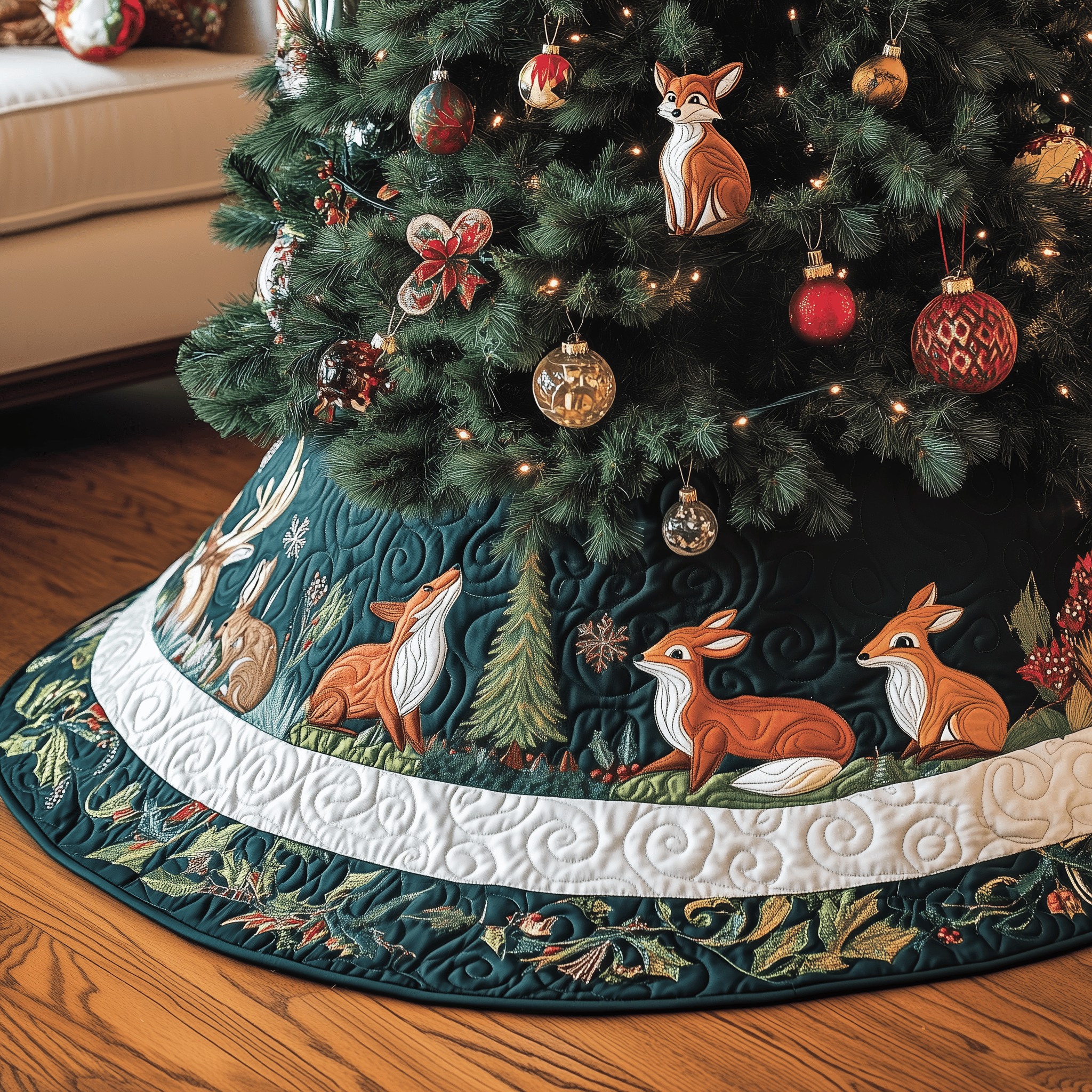 Woodland Animals Quilted Tree Skirt Unique Gift Merch For Friends
