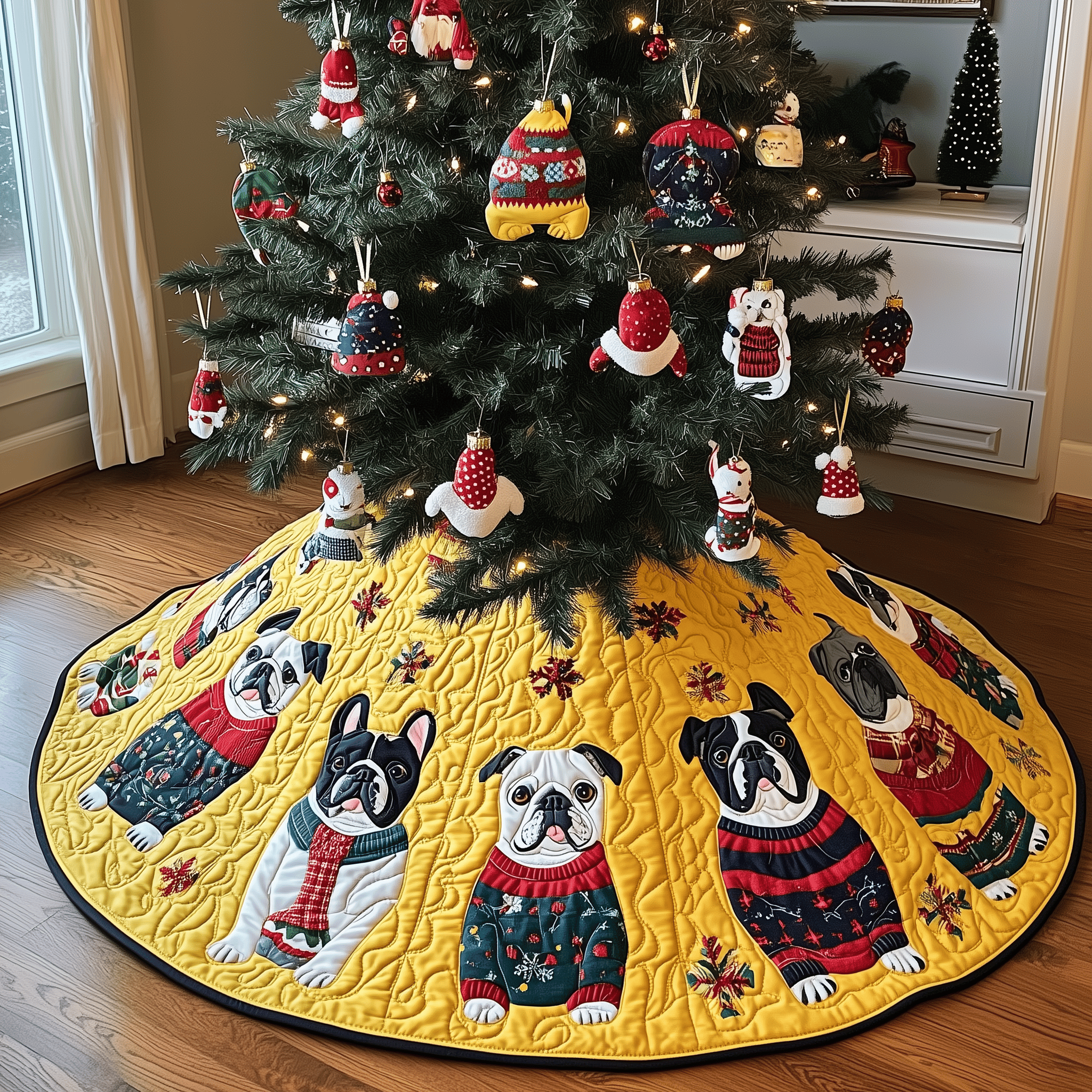 Playful French Bulldog Christmas Quilted Tree Skirt Festive Tree Skirt Gift Choice
