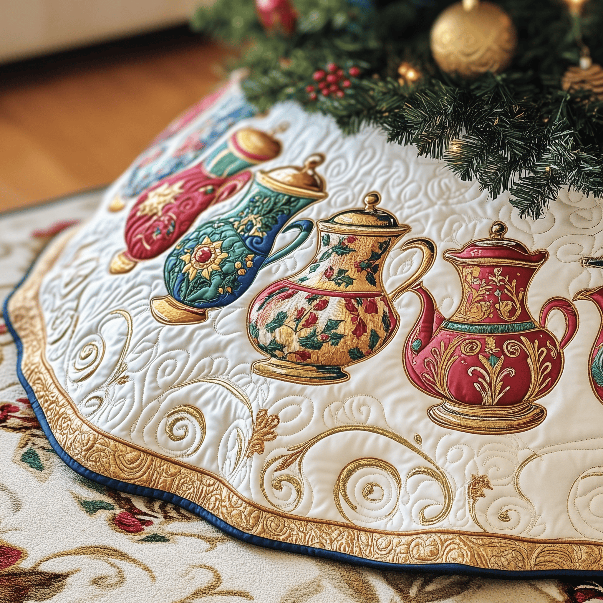 Festive Teapot Quilted Tree Skirt Festive Tree Skirt Gift Choice