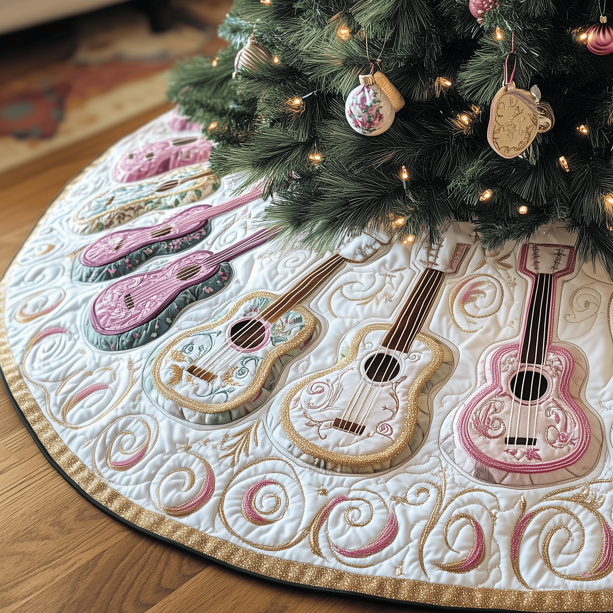 Festive Pinky Ukulele Quilted Tree Skirt Best New Year Gift Merch