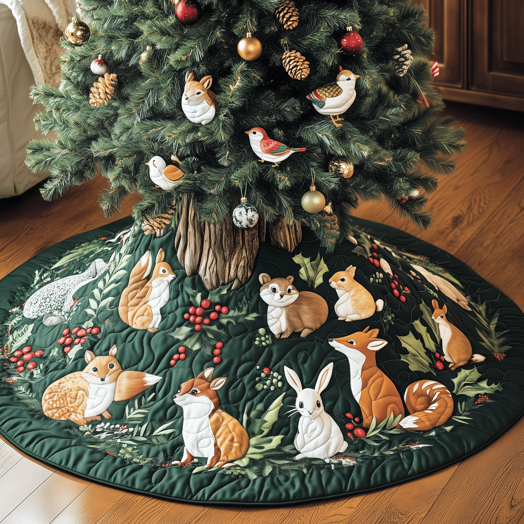 Woodland Animals Quilted Tree Skirt Charming Holiday Home Merch