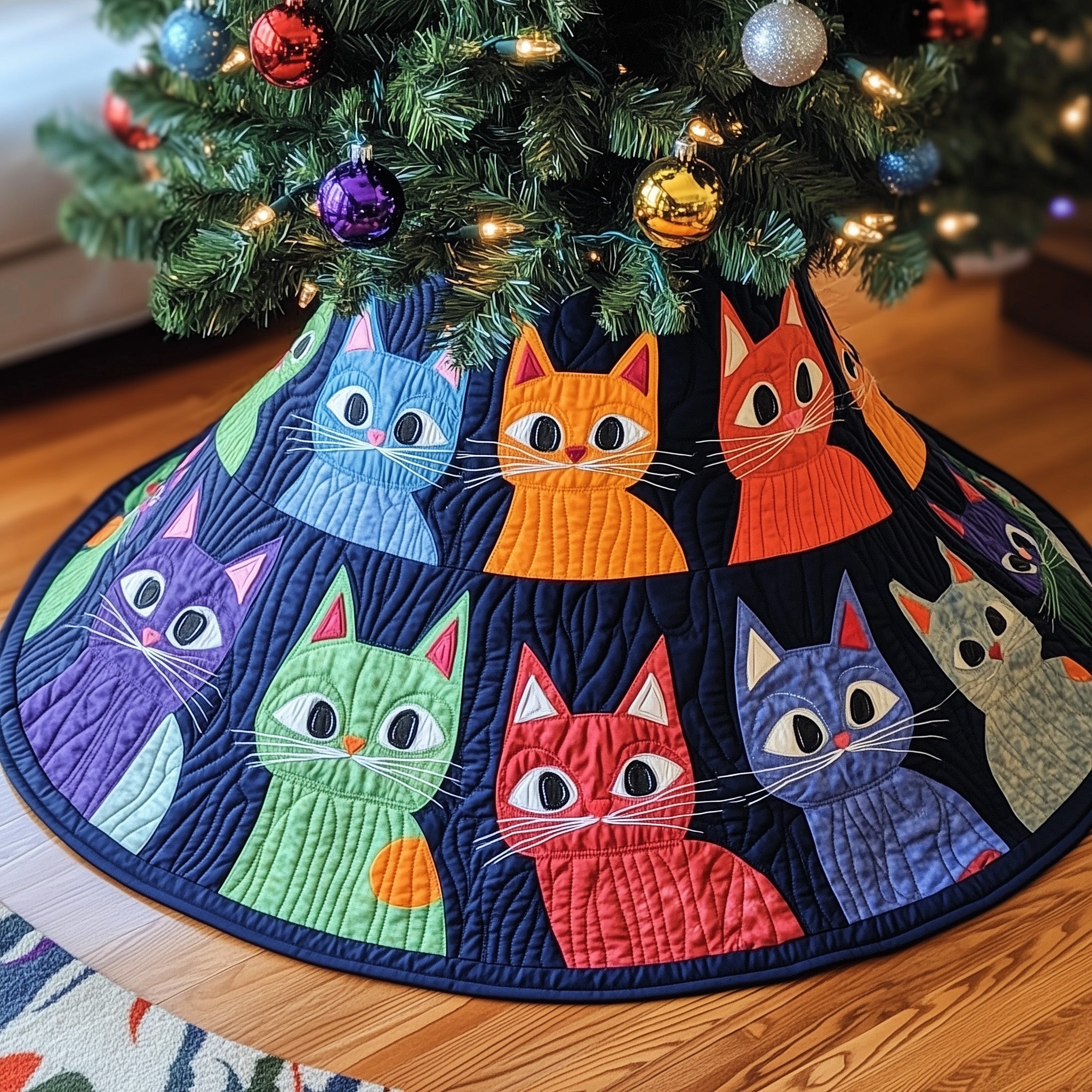 Whimsy Cats Quilted Tree Skirt Cozy Home Decor Gift Merch