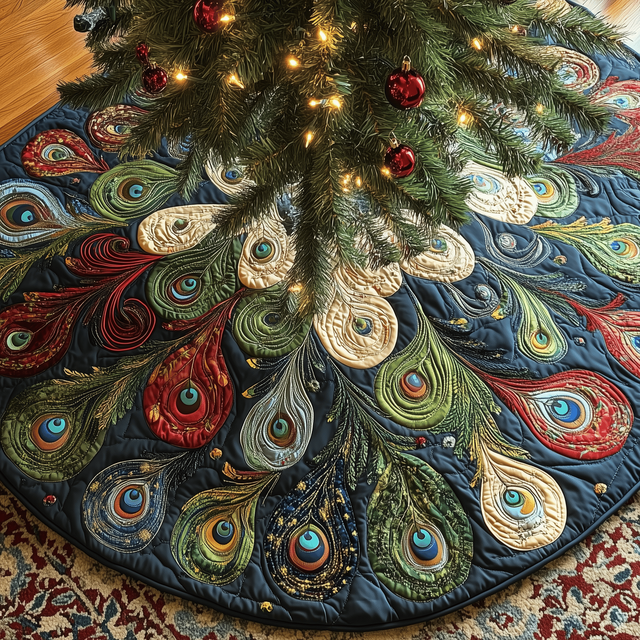 Shimmering Peacock Quilted Tree Skirt Must-Have Holiday Decor Merch