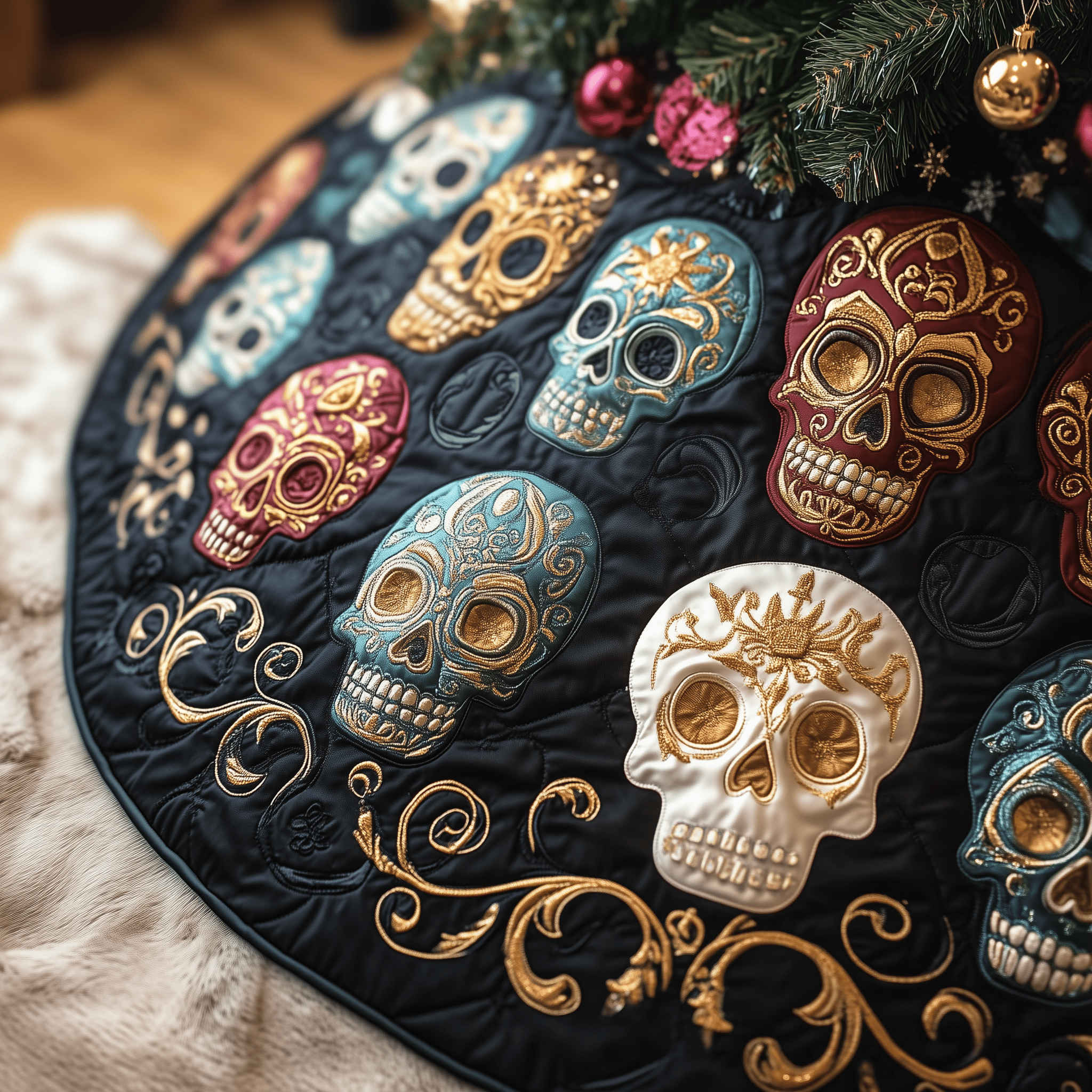 Festive Skull Quilted Tree Skirt Perfect Home For Christmas Tree Merch