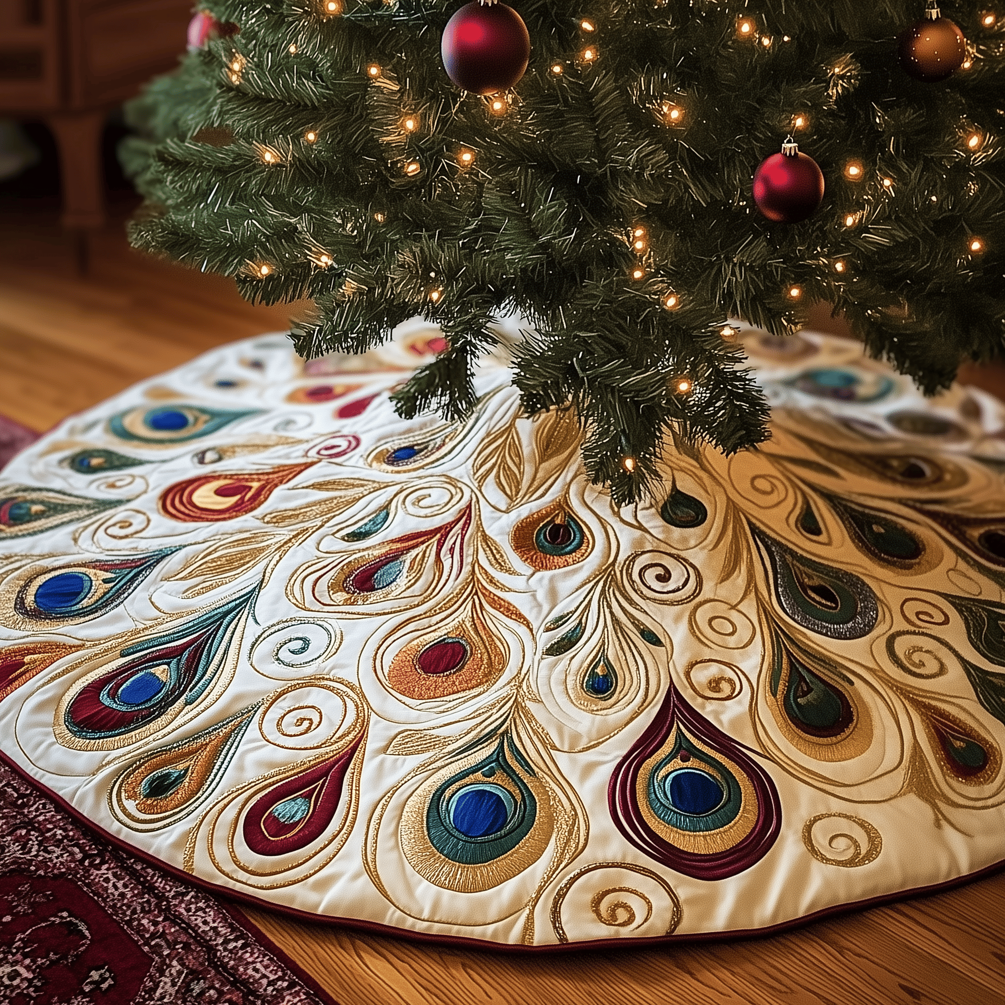 Shimmering Peacock Quilted Tree Skirt Beautiful Christmas Home Merch