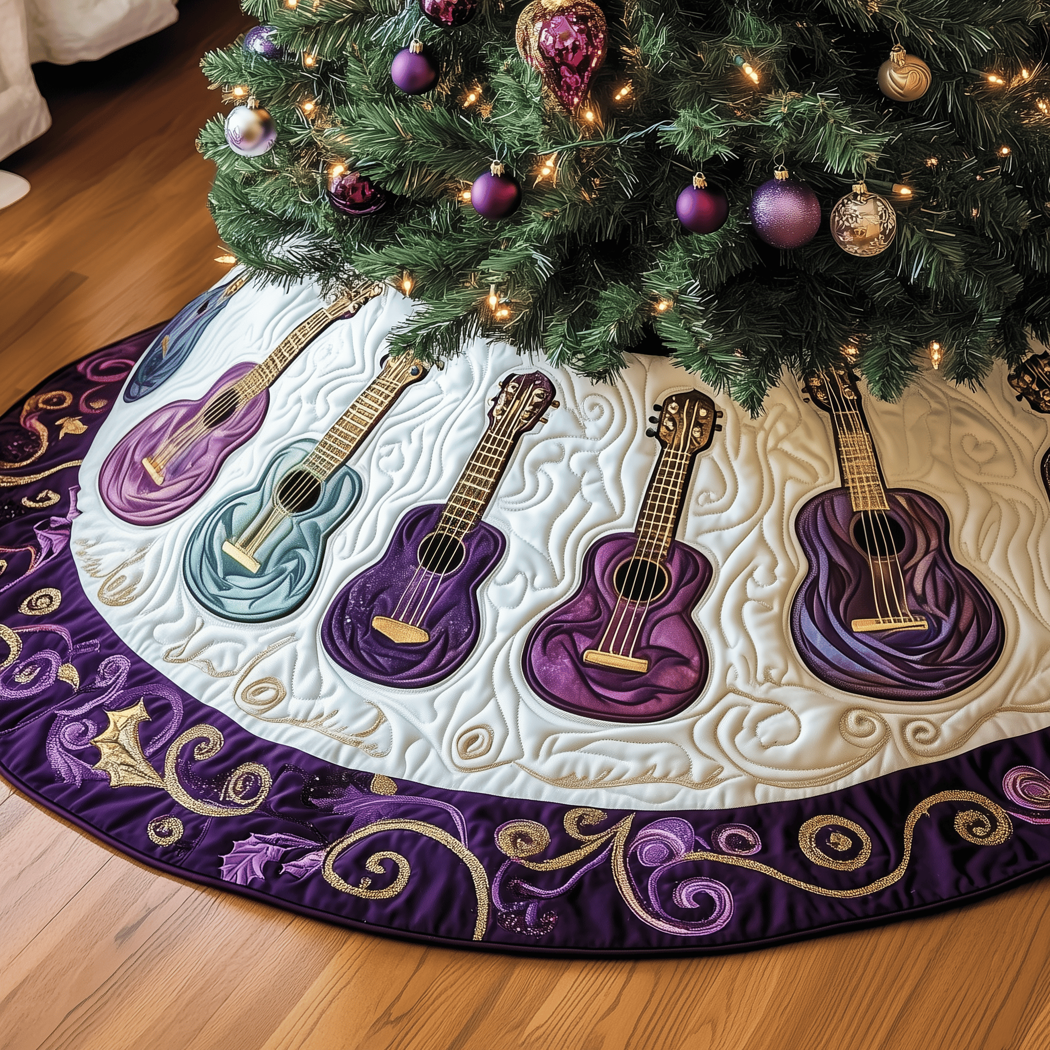 Festive Purple Ukulele Quilted Tree Skirt Unique Gift Merch For Friends