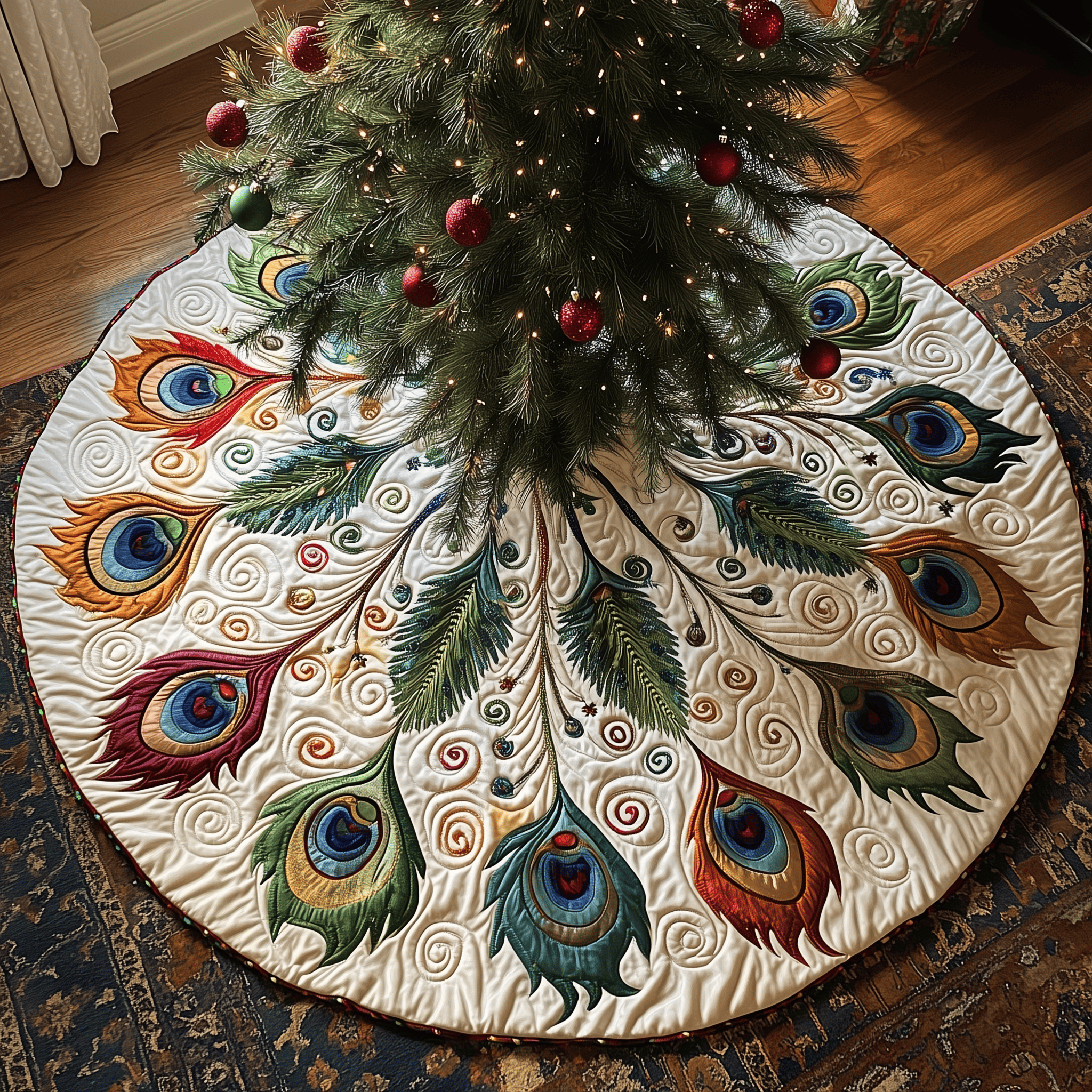 Shimmering Peacock Quilted Tree Skirt Perfect Tree Skirt Decoration Merch