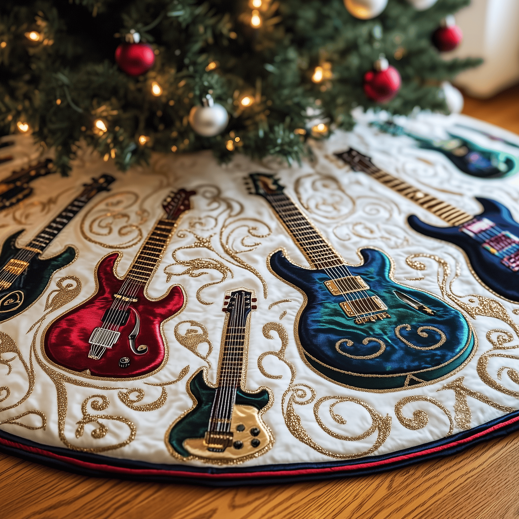 Festive Swirl Guitars Quilted Tree Skirt Unique Gift Merch For Friends
