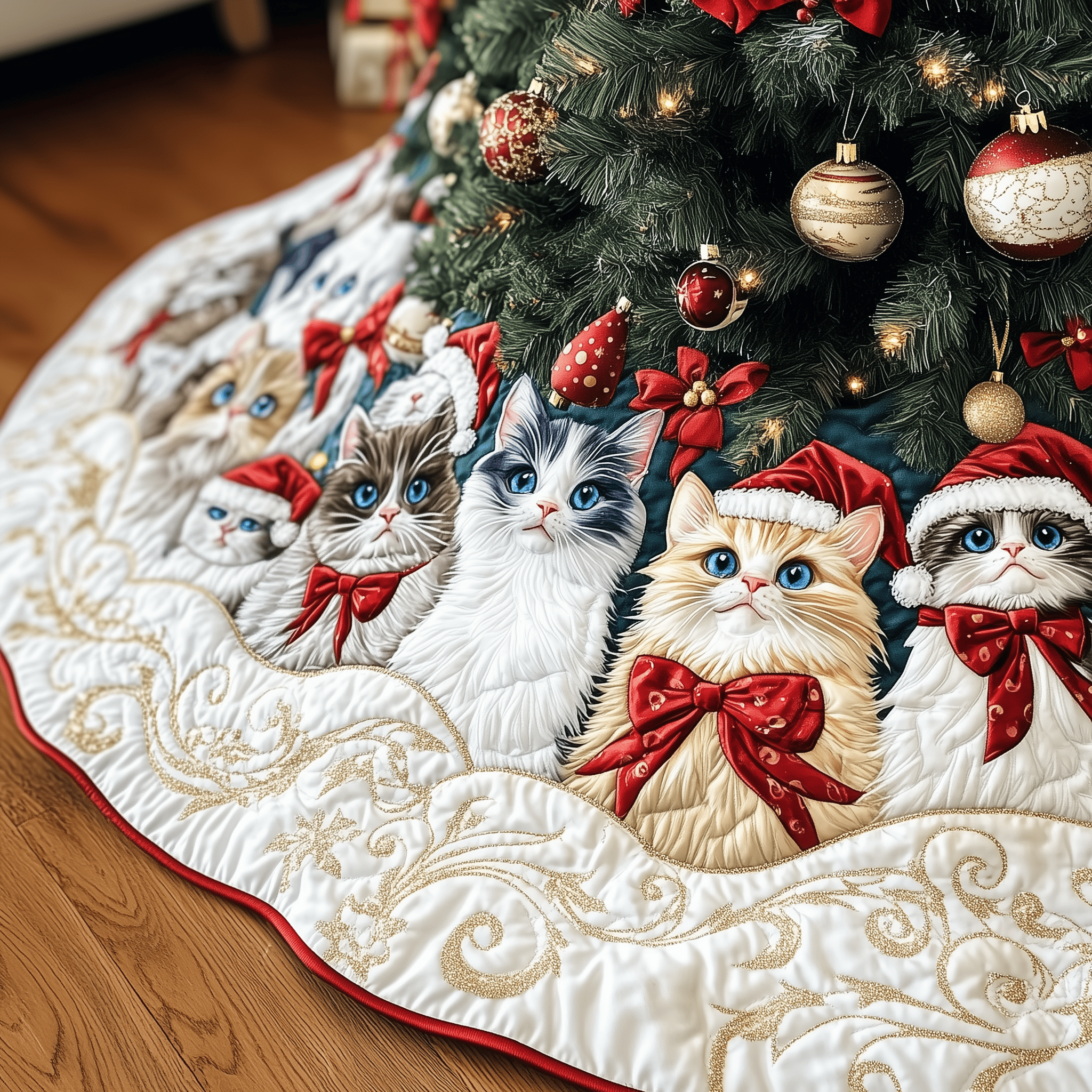 Festive Cat Quilted Tree Skirt Perfect Home For Christmas Tree Merch