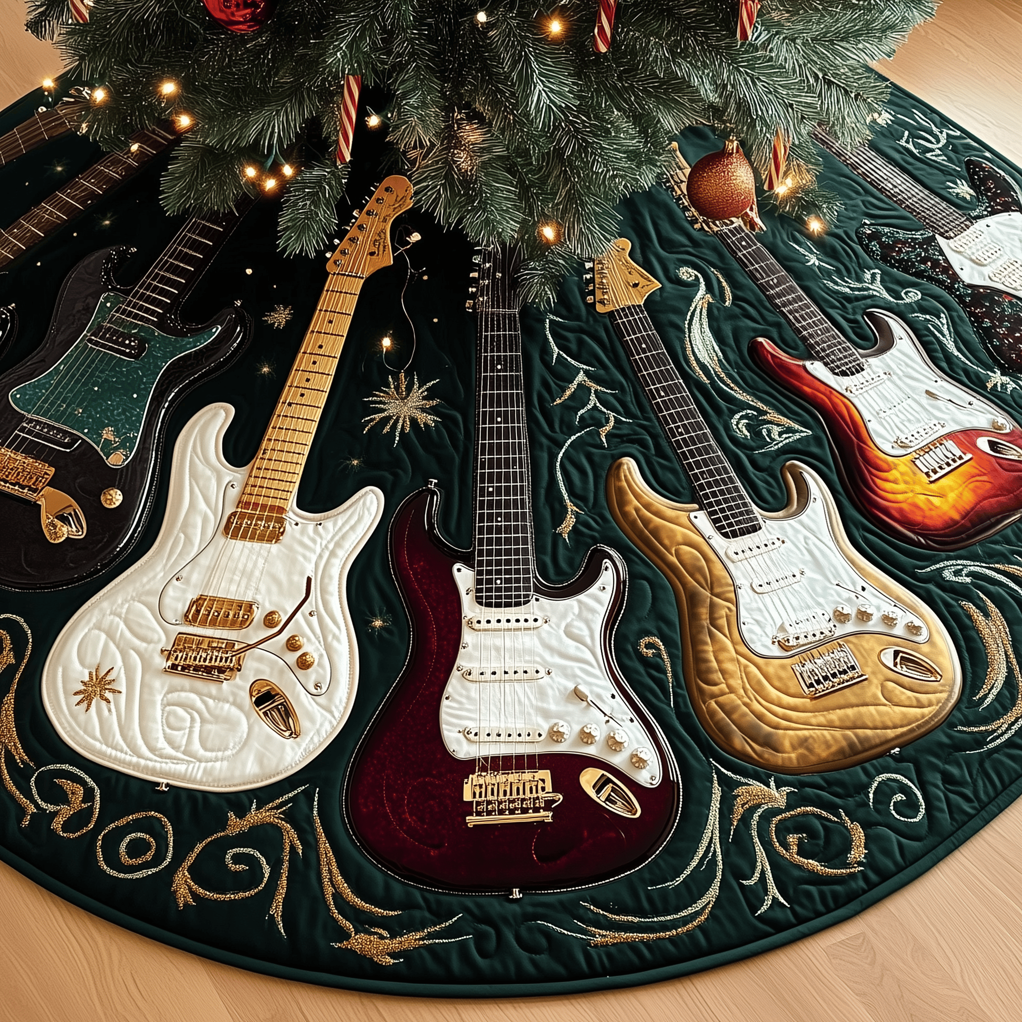 Festive Swirl Guitars Quilted Tree Skirt Festive Living Room Merch