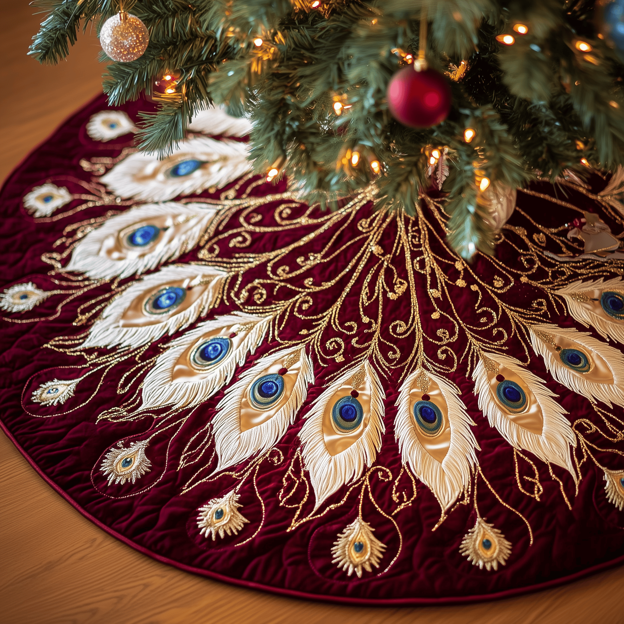 Shimmering Peacock Quilted Tree Skirt Heartwarming Family Gathering Merch