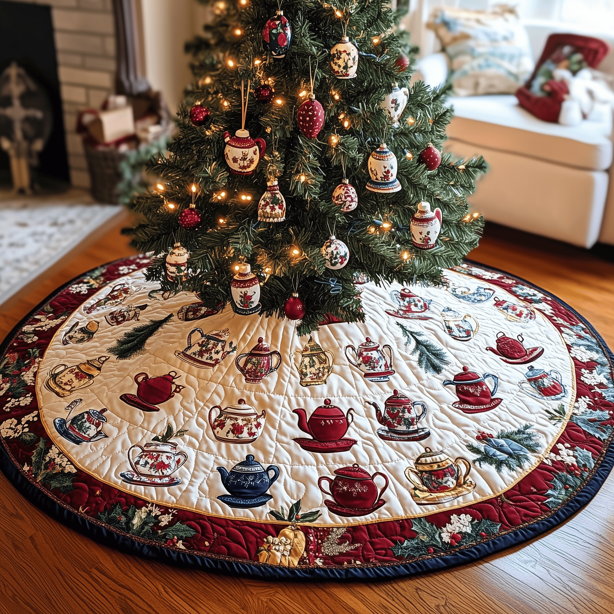 Festive Teapot Quilted Tree Skirt Charming Tree Skirt Gift Idea