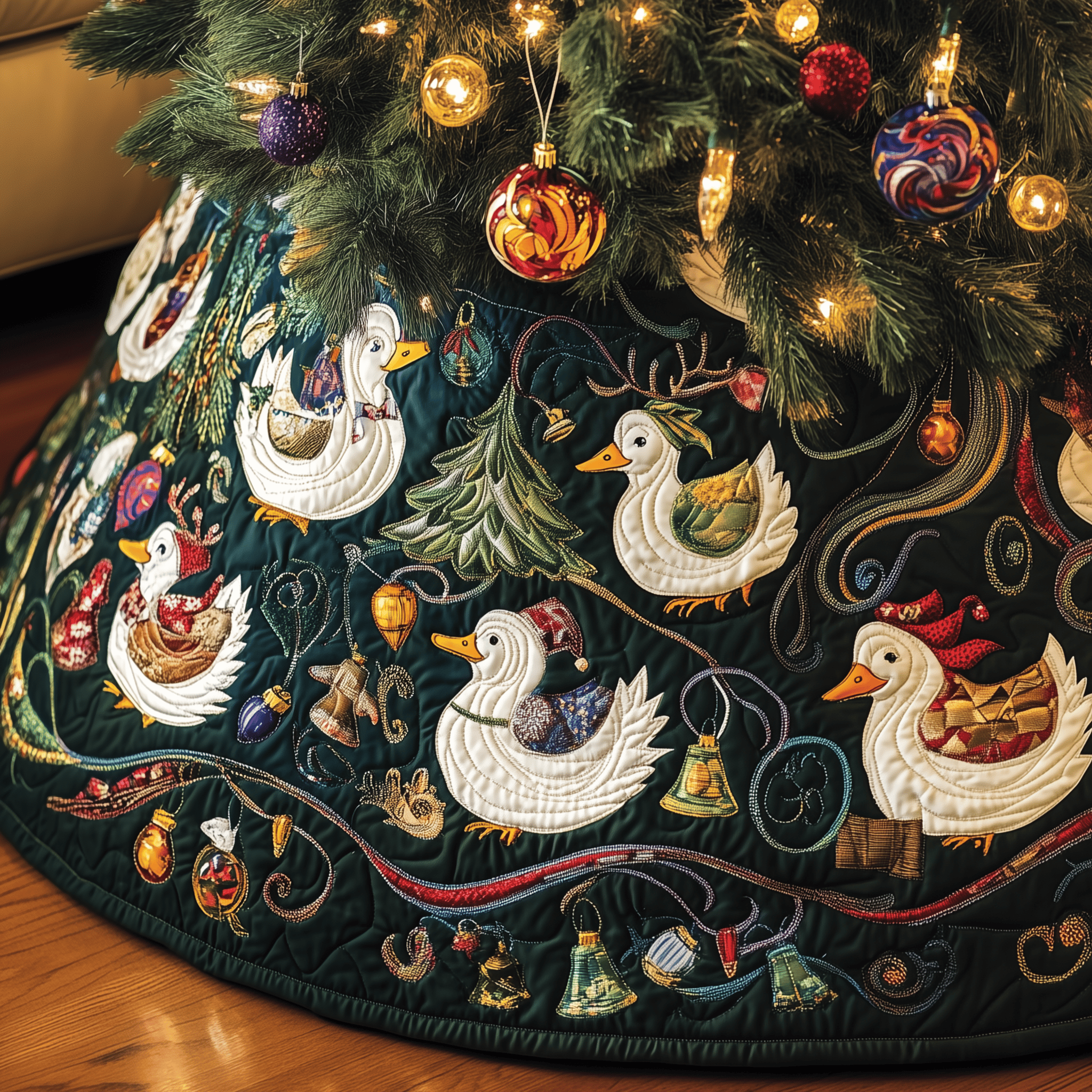Festive Duck Quilted Tree Skirt Charming Thanksgiving Gift Merch