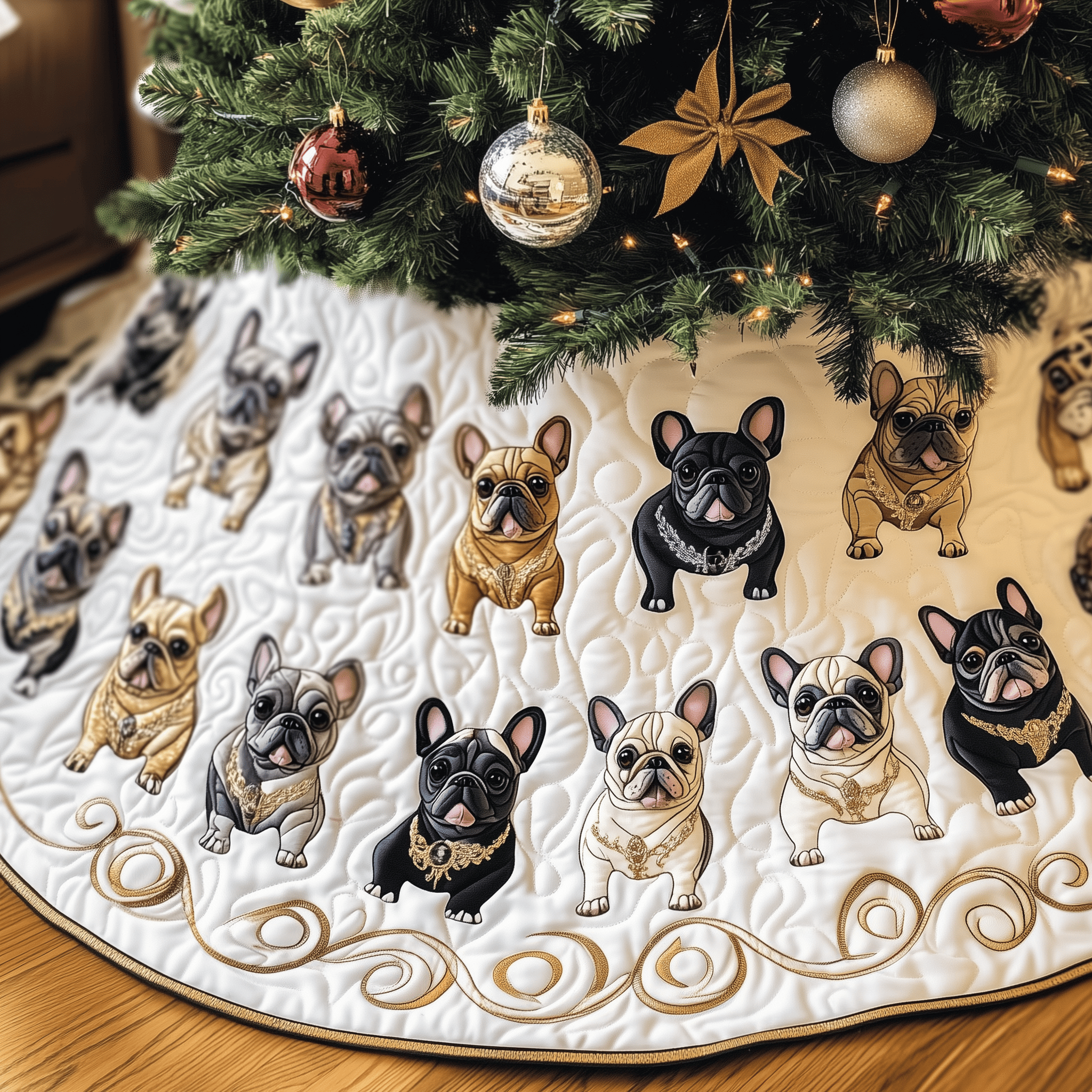 Festive French Bulldog Quilted Tree Skirt Stylish Holiday Decor Gift Merch