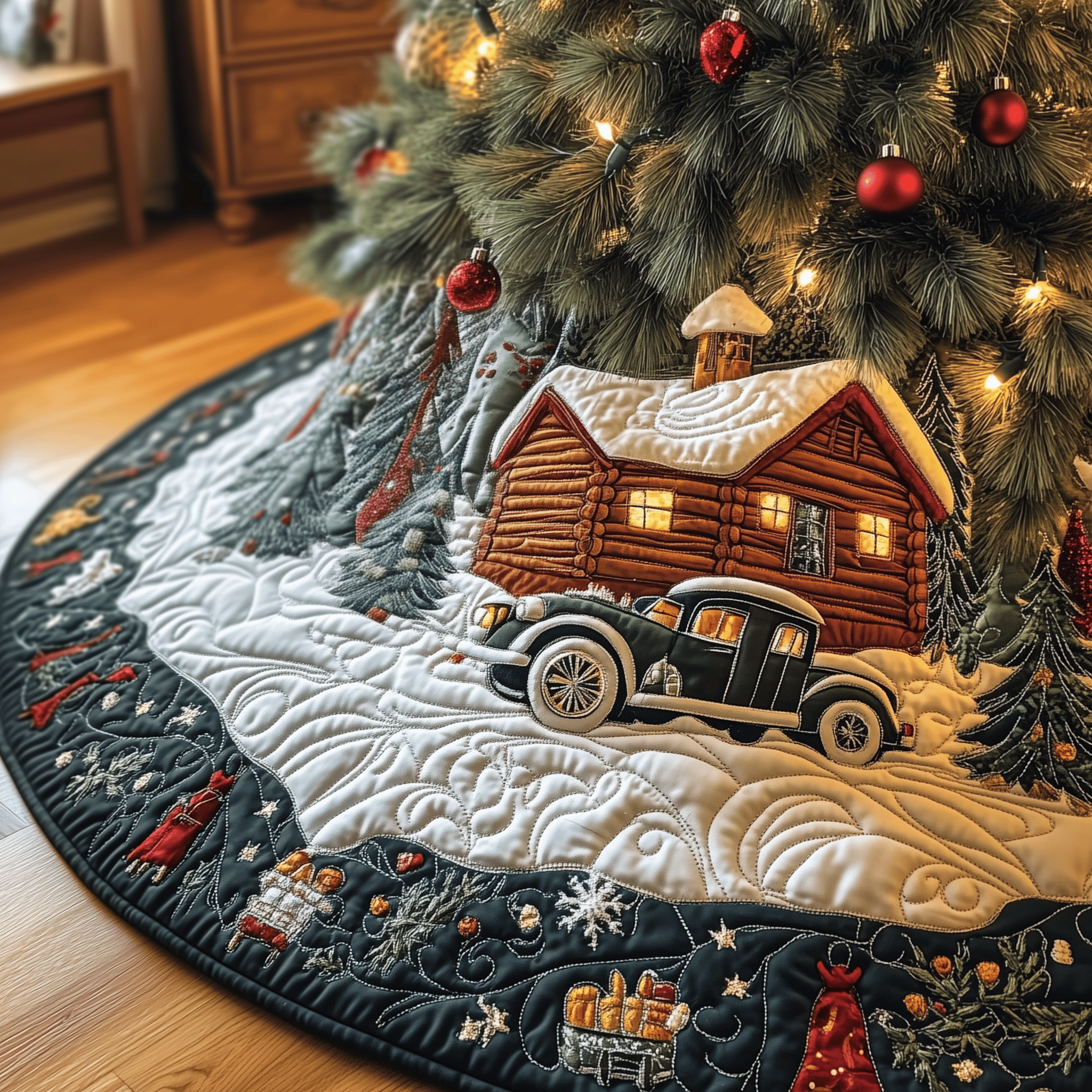 Vintage Snowy Cabin Quilted Tree Skirt Beautiful Christmas Tree Skirt Merch