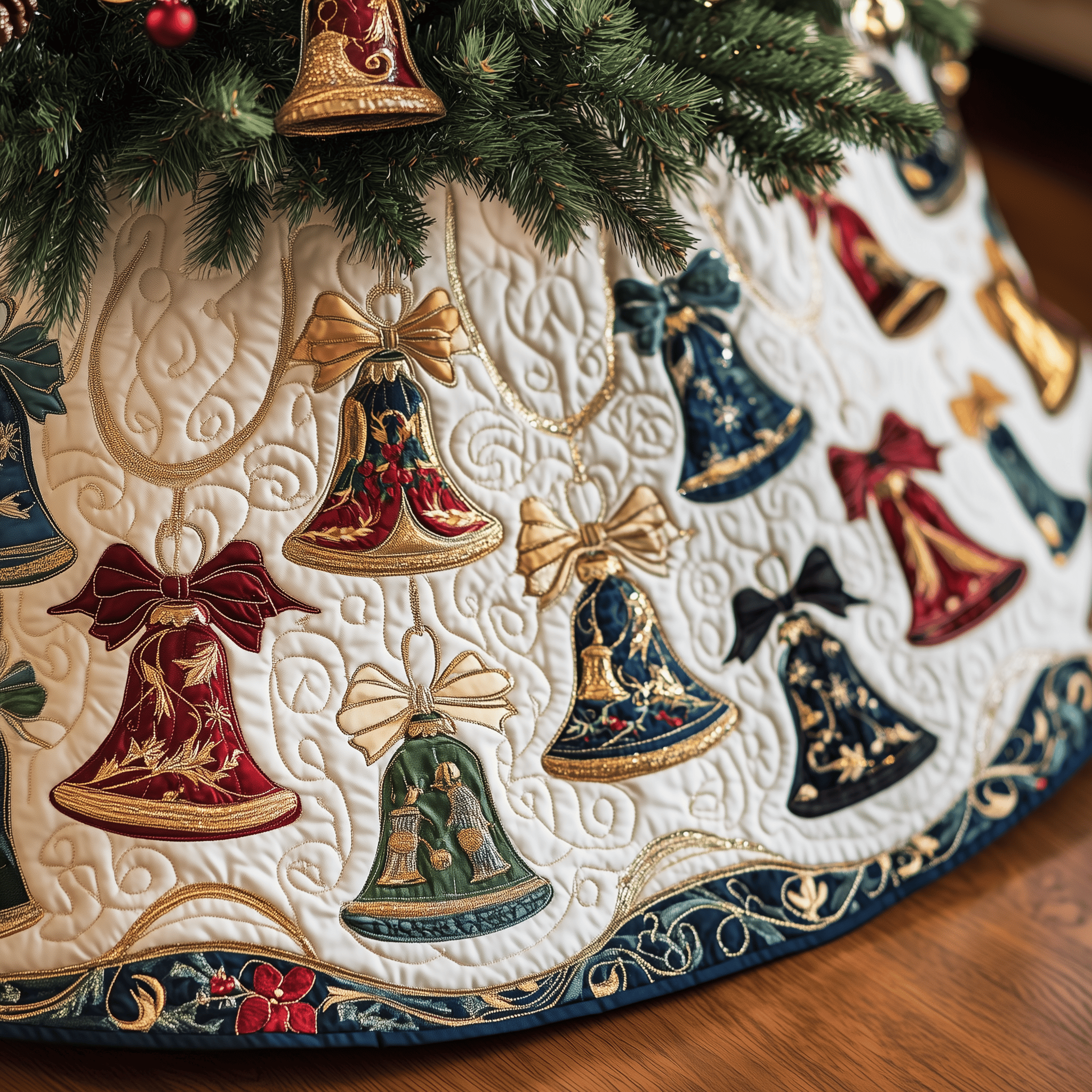 Vintage Christmas Bells Quilted Tree Skirt Heartwarming Father�s Day Gift Merch