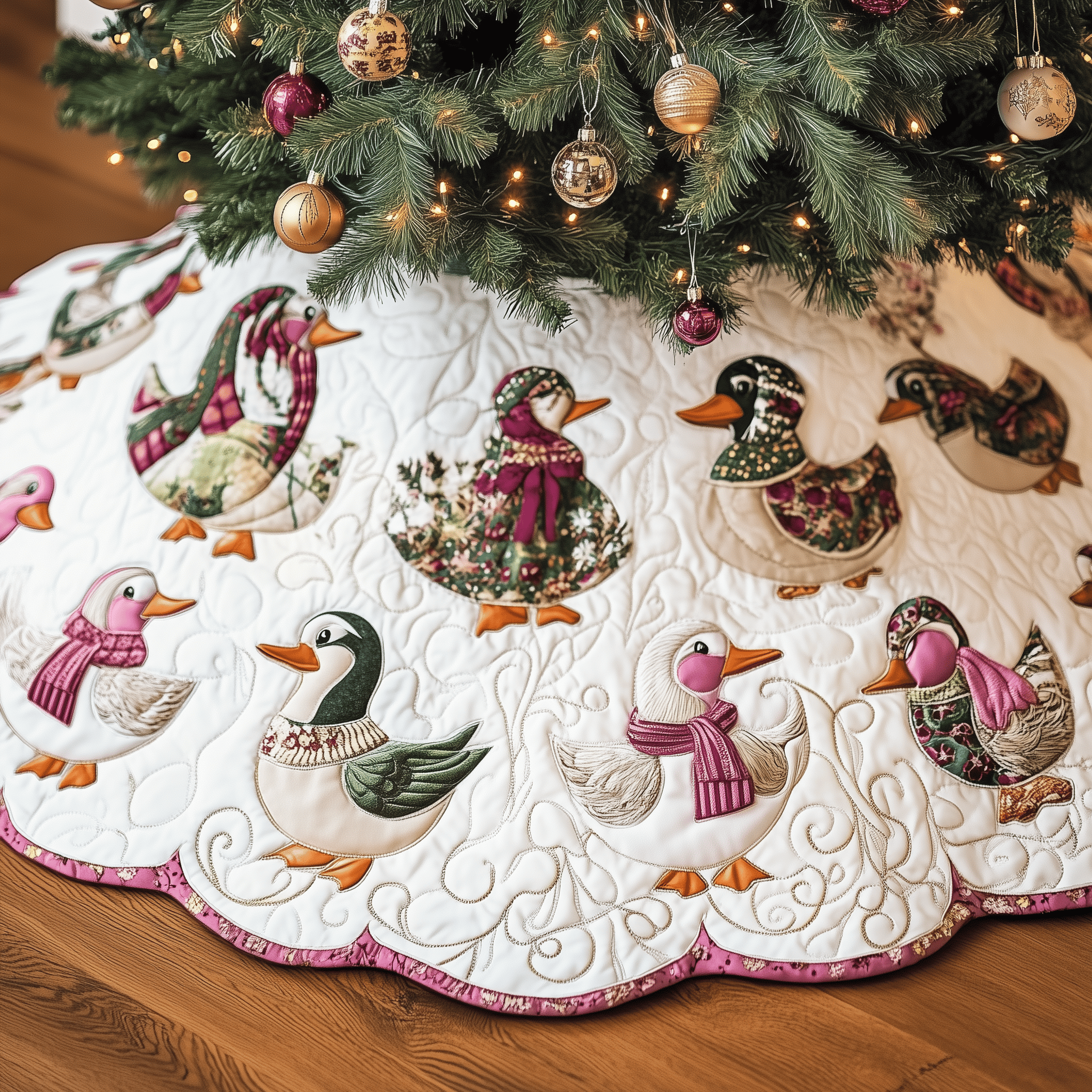 Pink Duck Quilted Tree Skirt Heartfelt Gift Merch For Mom