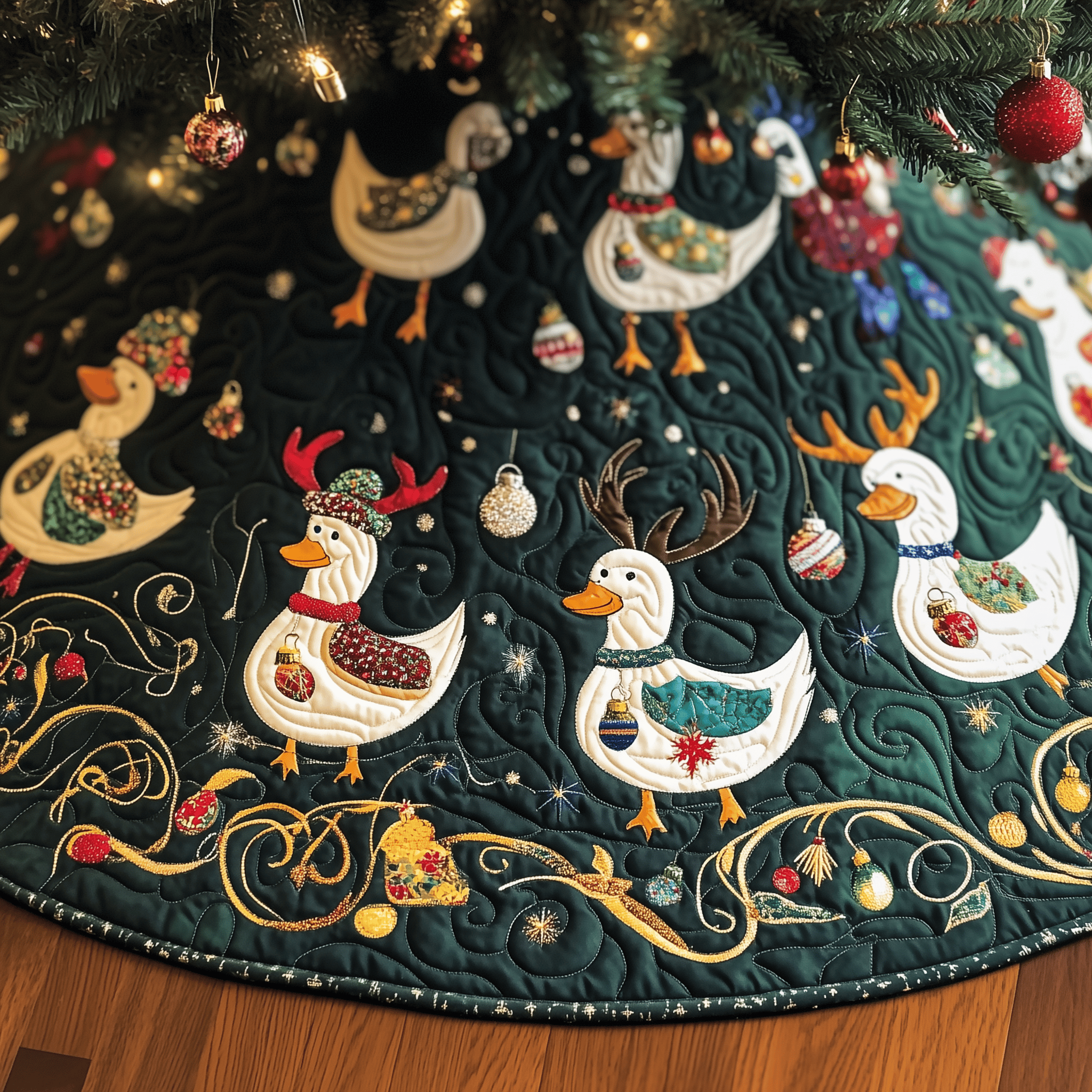 Festive Duck Quilted Tree Skirt Holiday Gift Merch