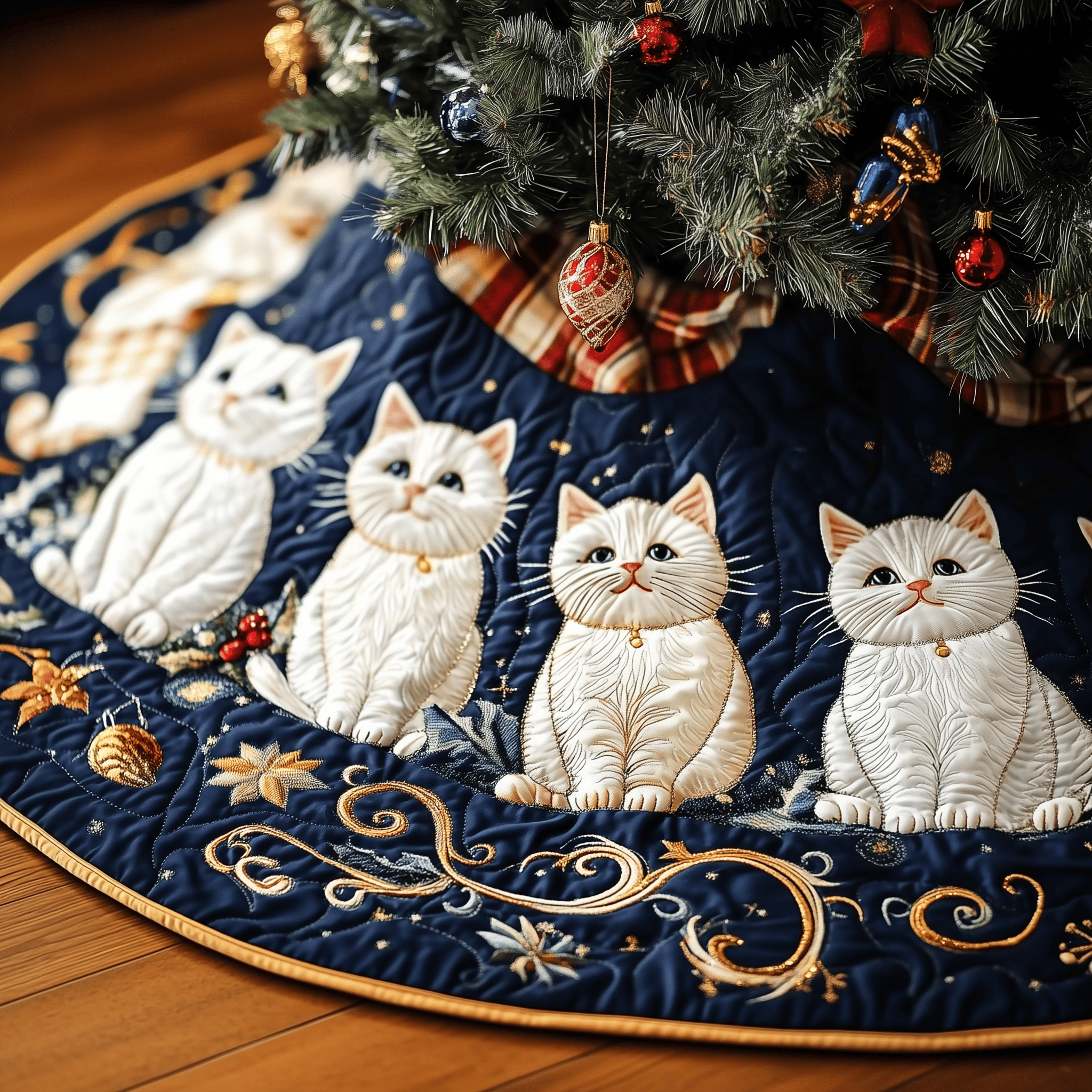 Joyful Cat Quilted Tree Skirt Festive Living Room Merch