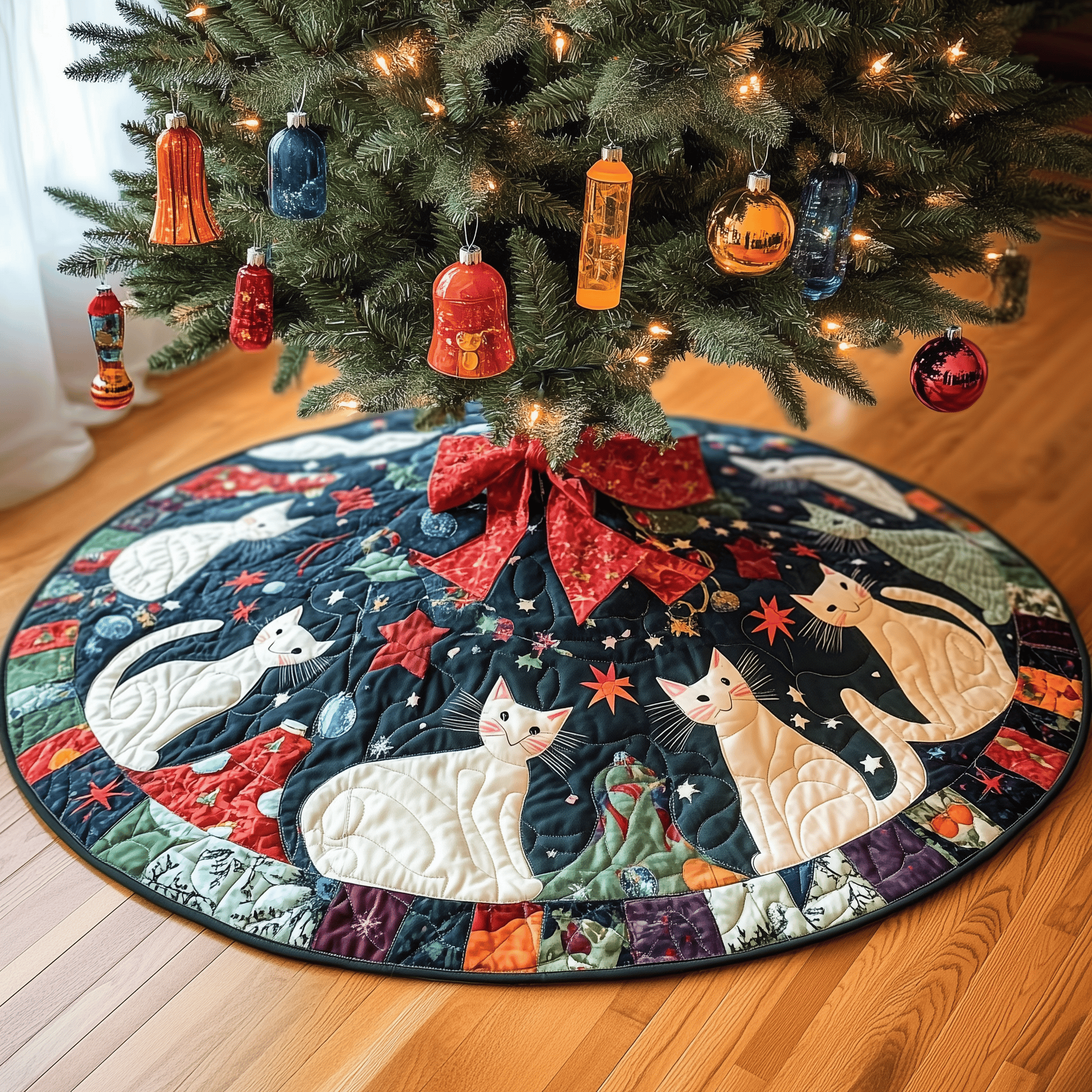 Playful Cat Quilted Tree Skirt Unique Gift Merch For Friends