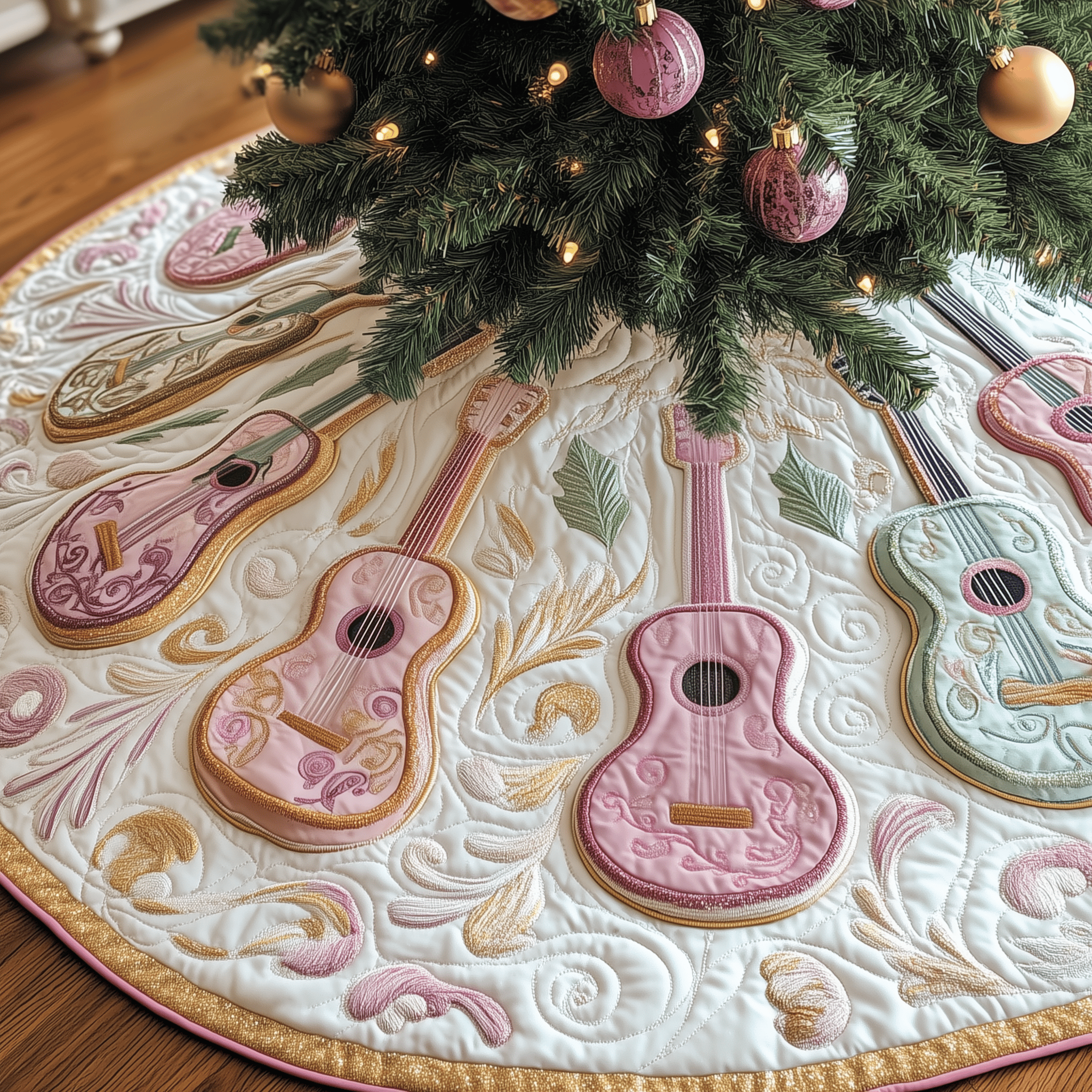 Festive Pinky Ukulele Quilted Tree Skirt Lovely Mother�s Day Gift Merch
